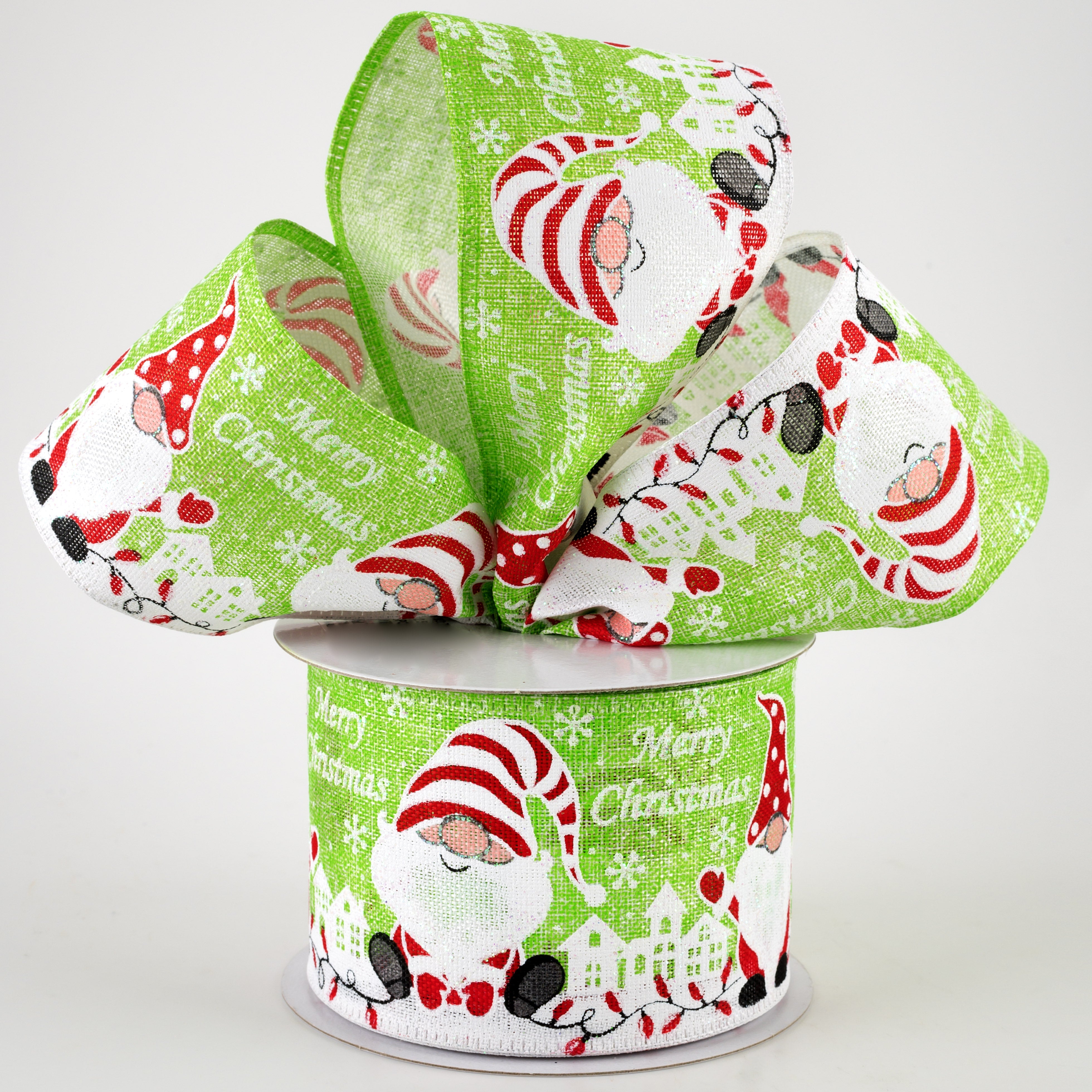 2.5" Linen Merry Christmas Gnomes Ribbon: Lime  (10 Yards)