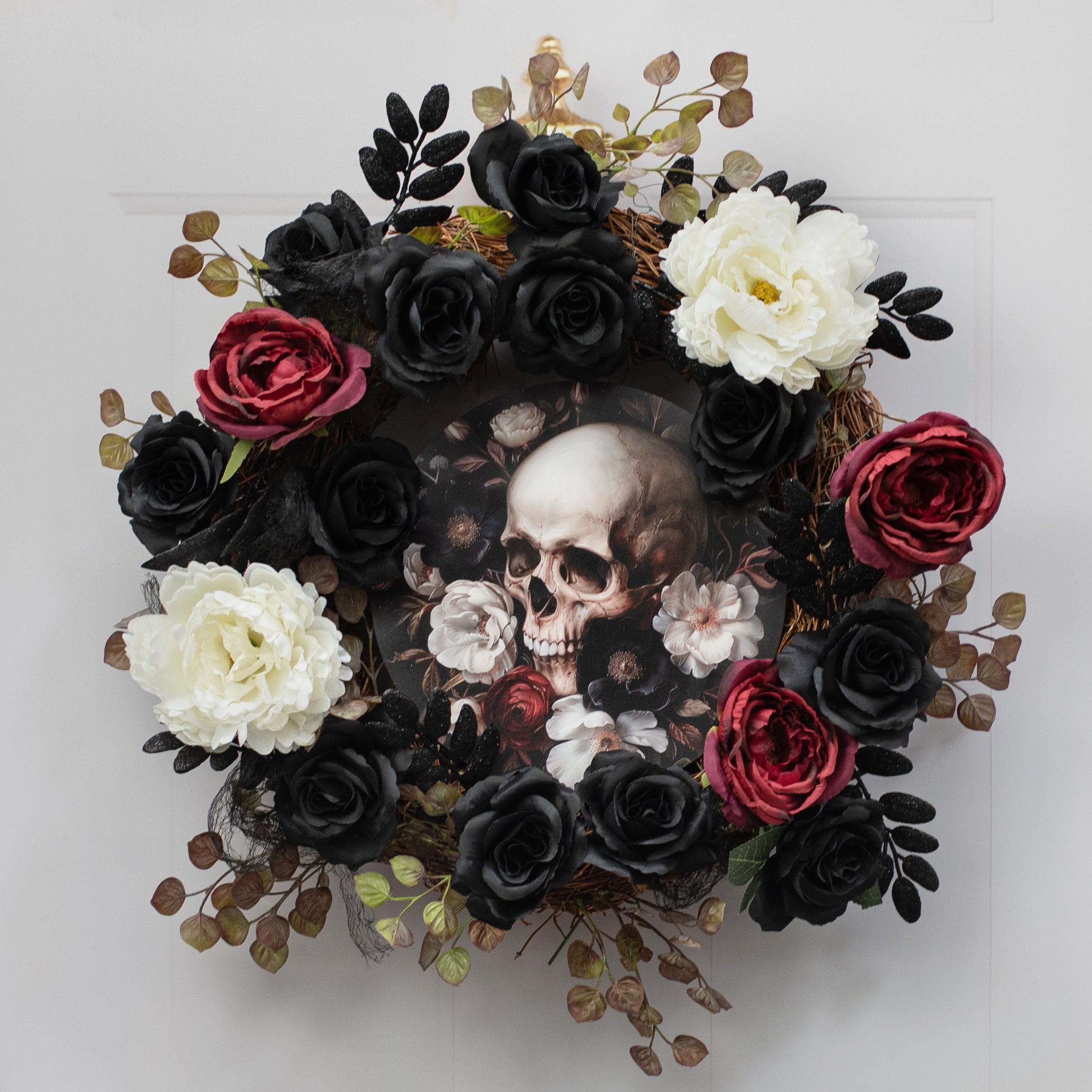10.5" Round Waterproof Sign: Black, White & Red Floral Skull