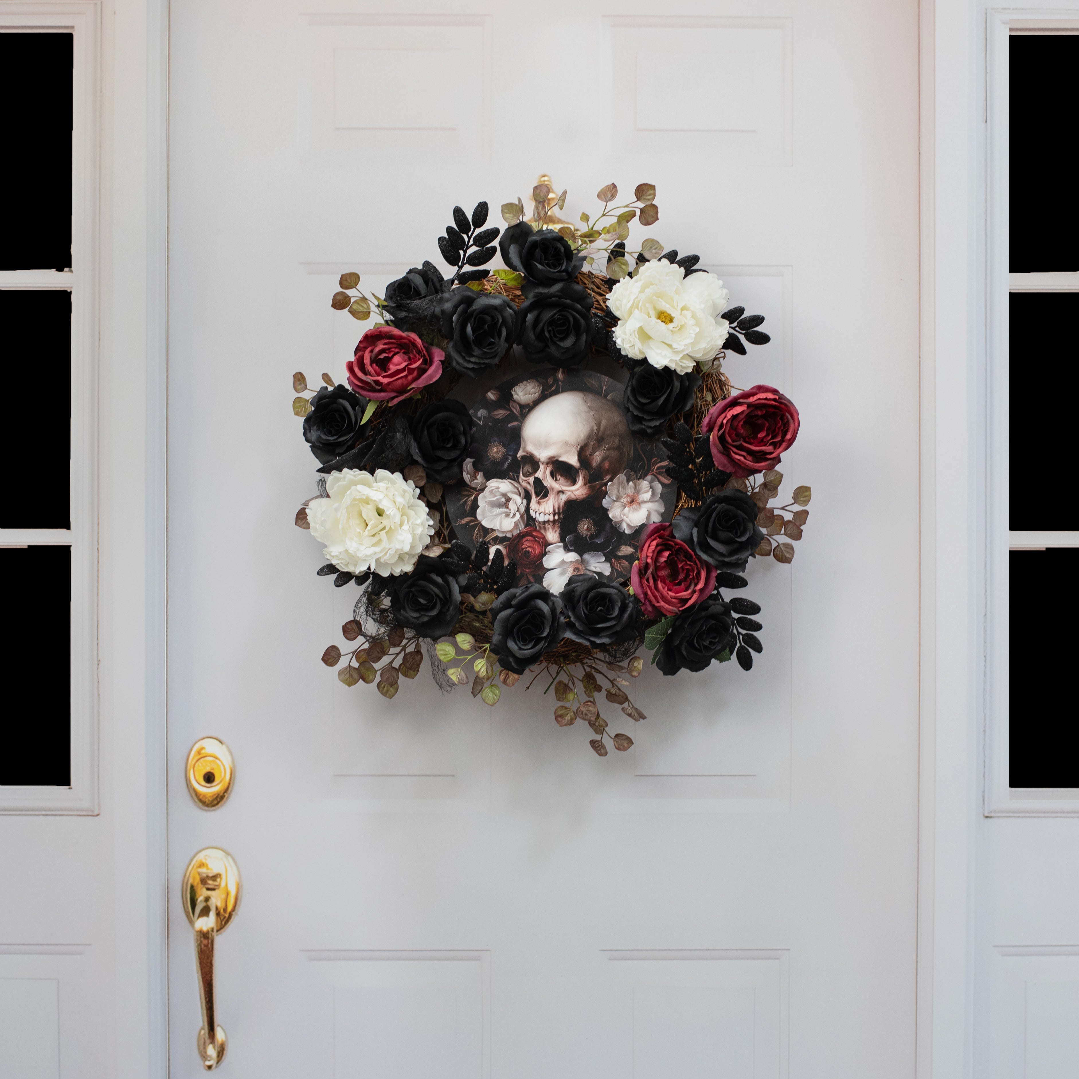 10.5" Round Waterproof Sign: Black, White & Red Floral Skull