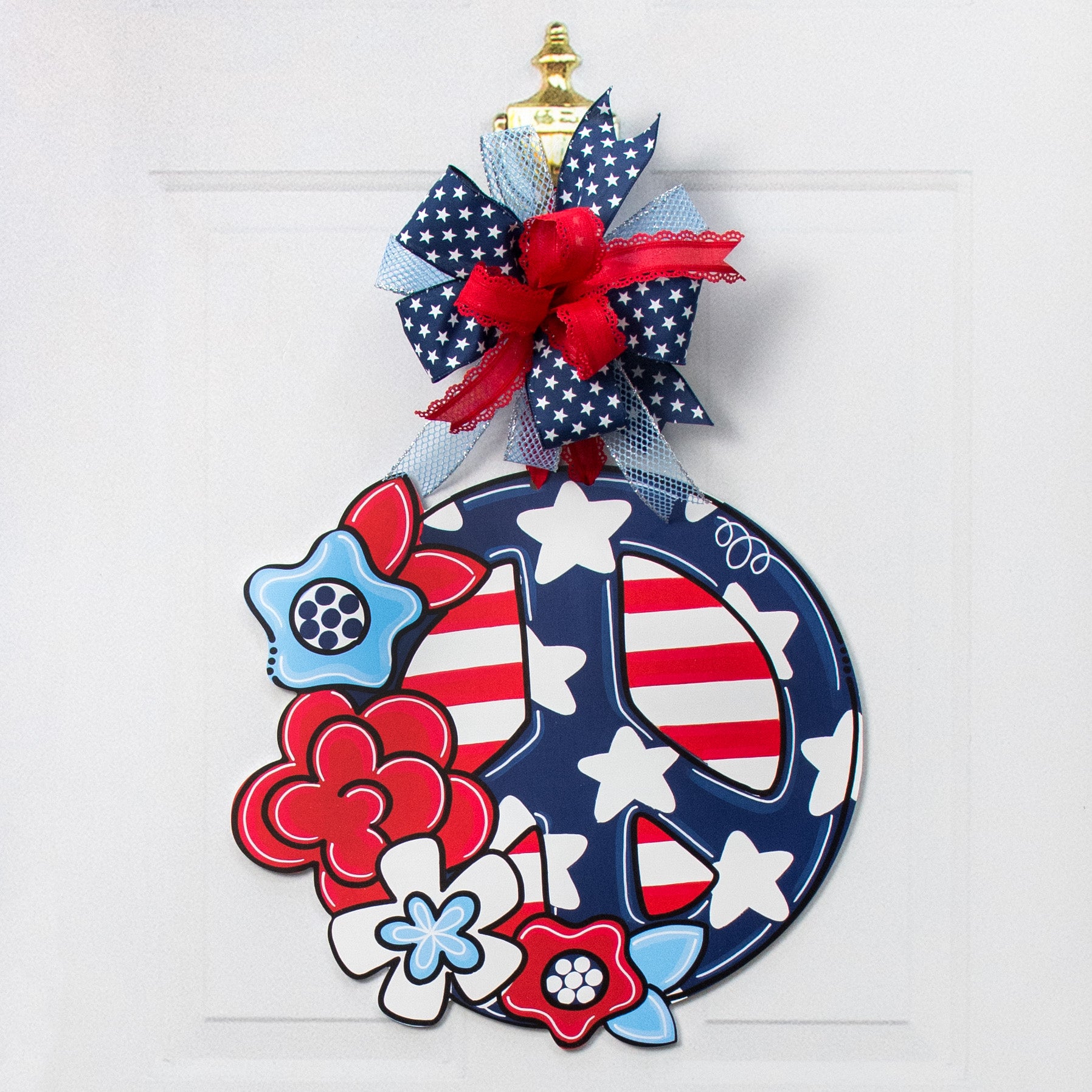 18" Waterproof Door Hanger: Patriotic Floral Peace Sign