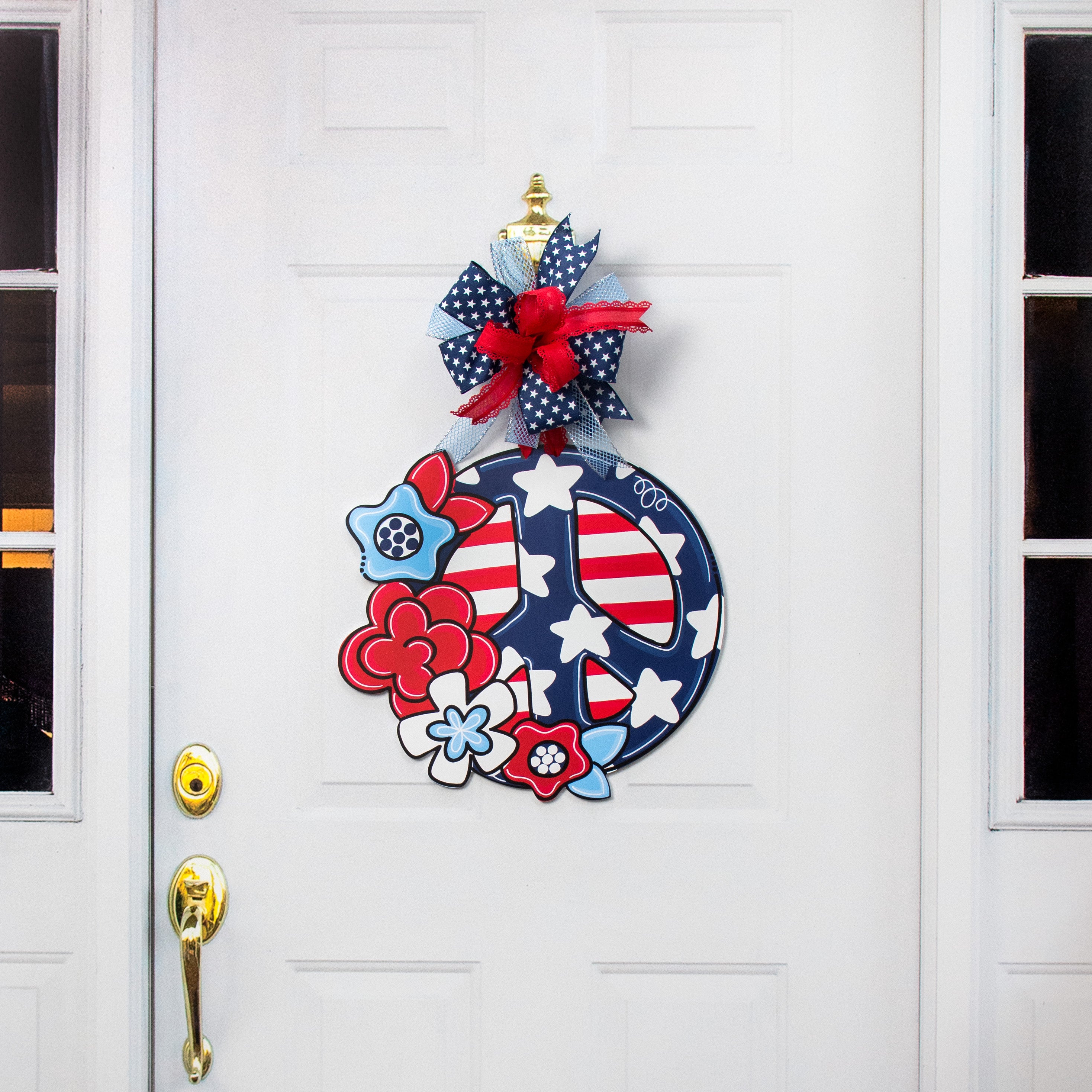 18" Waterproof Door Hanger: Patriotic Floral Peace Sign