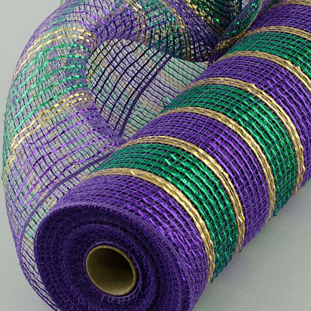 21" Poly Deco Mesh: Metallic Purple, Green & Gold Stripes (10 Yards)
