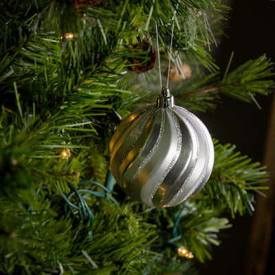 80MM Round Swirl Stripe Metallic Ball Ornament: Glitter Silver