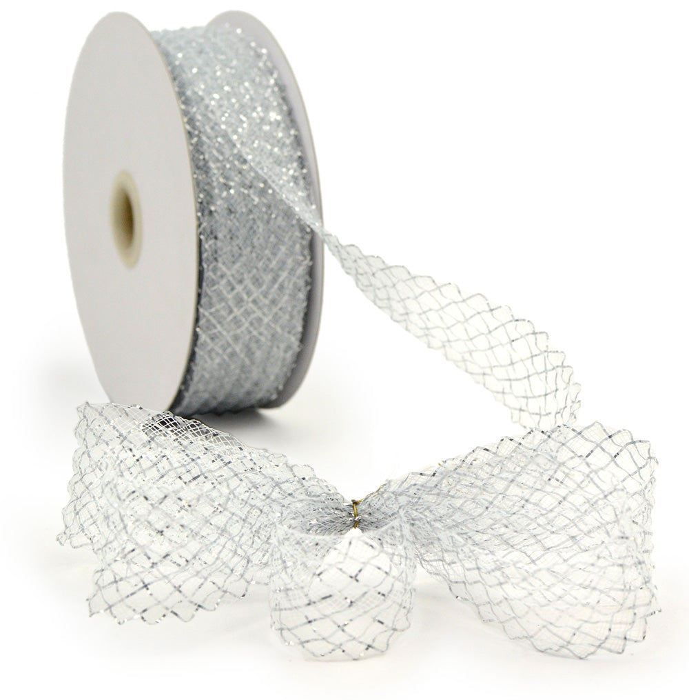 1.5" Deco Flex Mesh Ribbon: Metallic White (30 Yards)