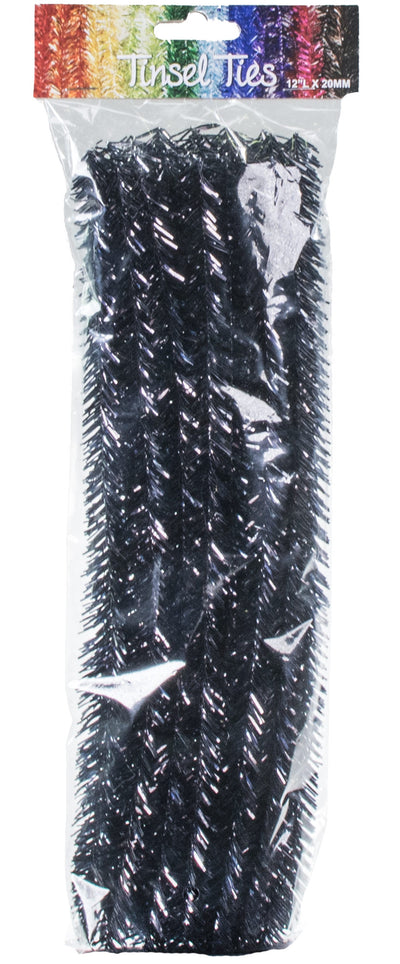 20mm Tinsel Tie Stems: Metallic Black (25)