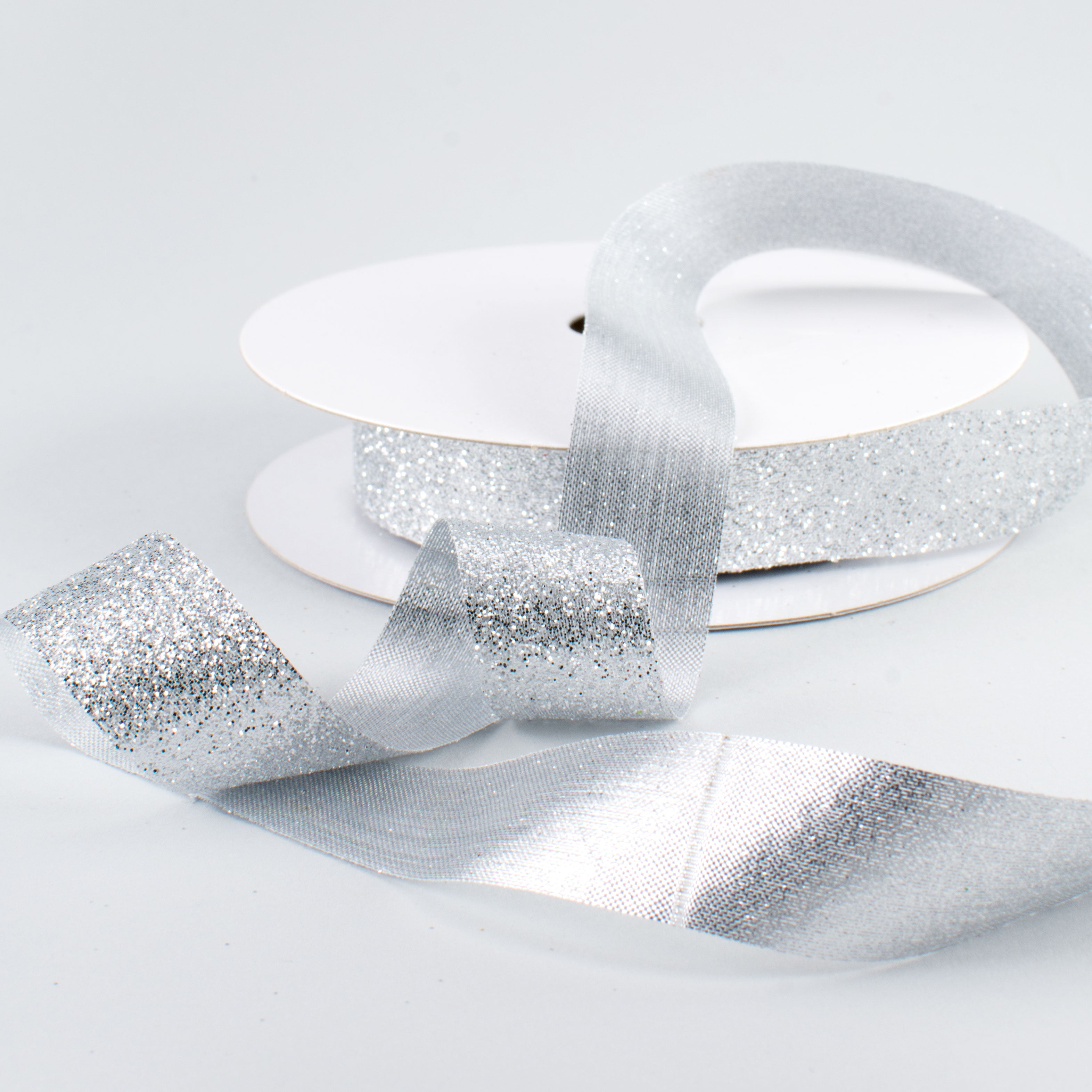 7/8" Metallic Glitter Ribbon Non Wired: Silver (25 Yards)