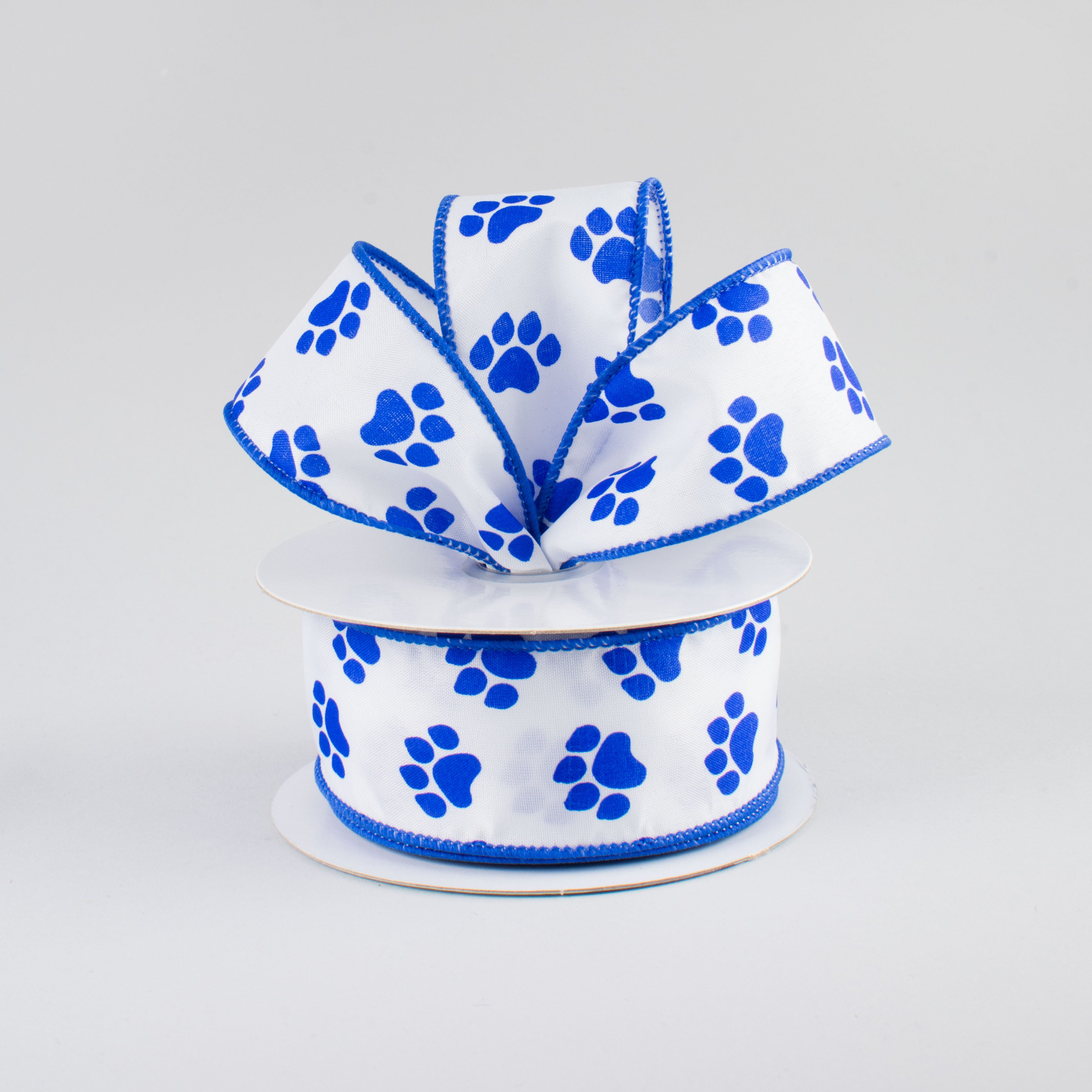 1.5" Satin Paw Print Ribbon: Blue & White (10 Yards)
