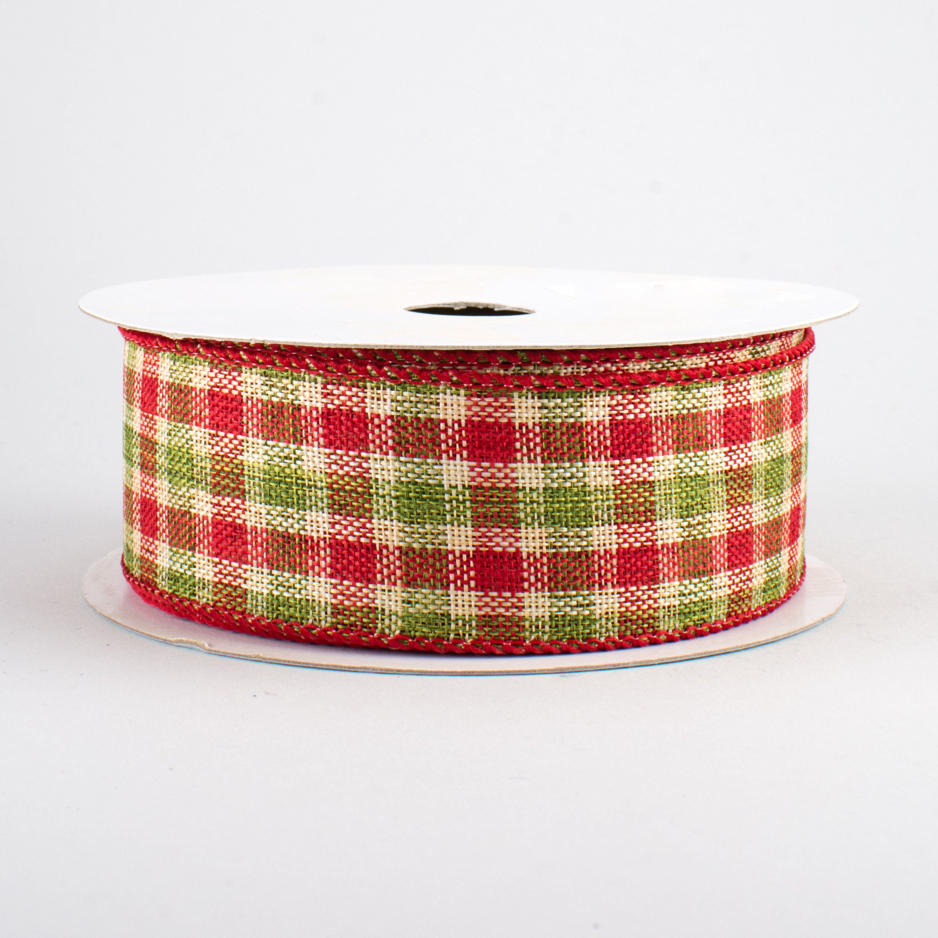 1.5" Royal Faux Burlap Plaid Ribbon: Red, Green, Cream (10 Yards)