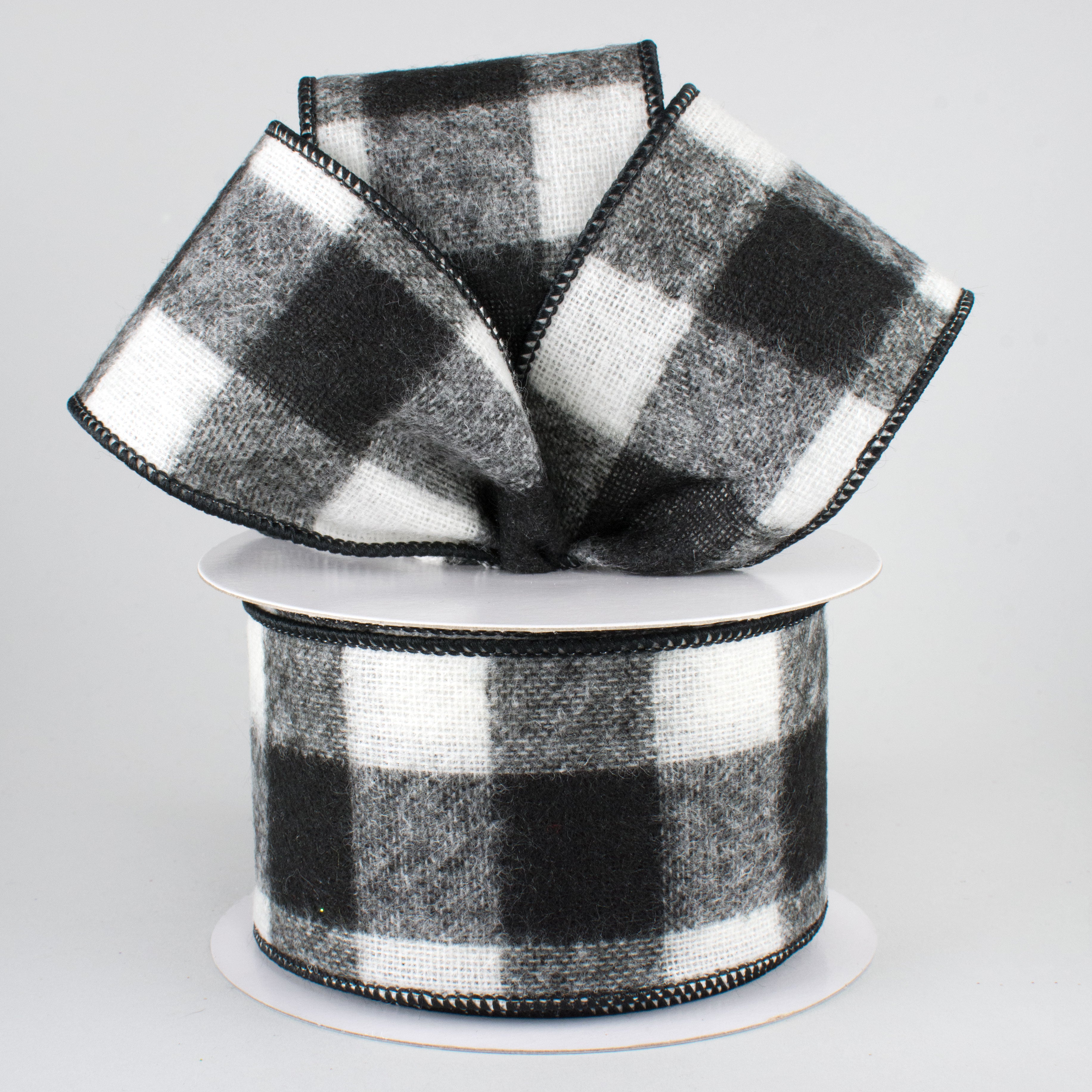 2.5" Fuzzy Flannel Check Ribbon: Black & White (10 Yards)