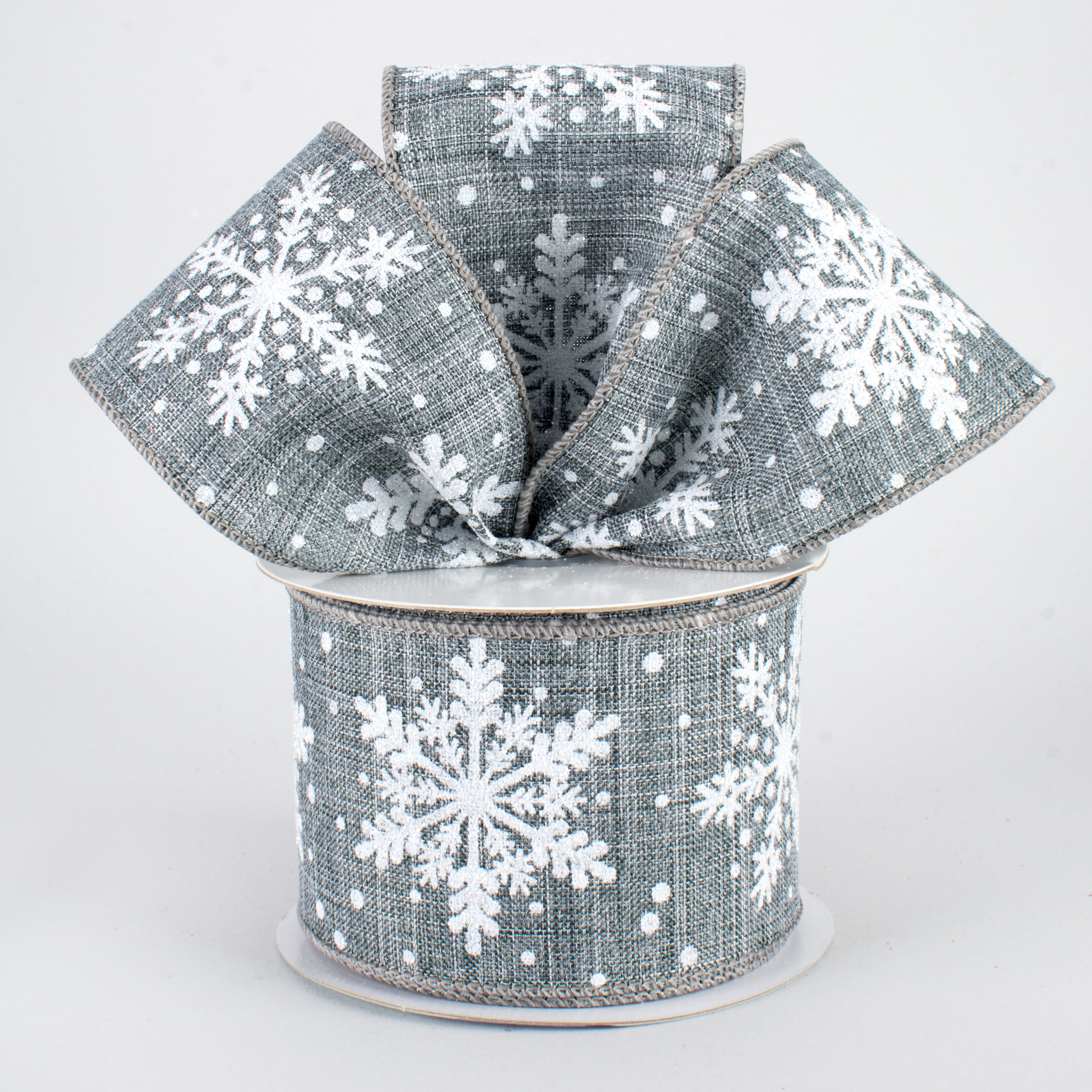 2.5" Glittered Snowflakes Ribbon: Grey (10 Yards)