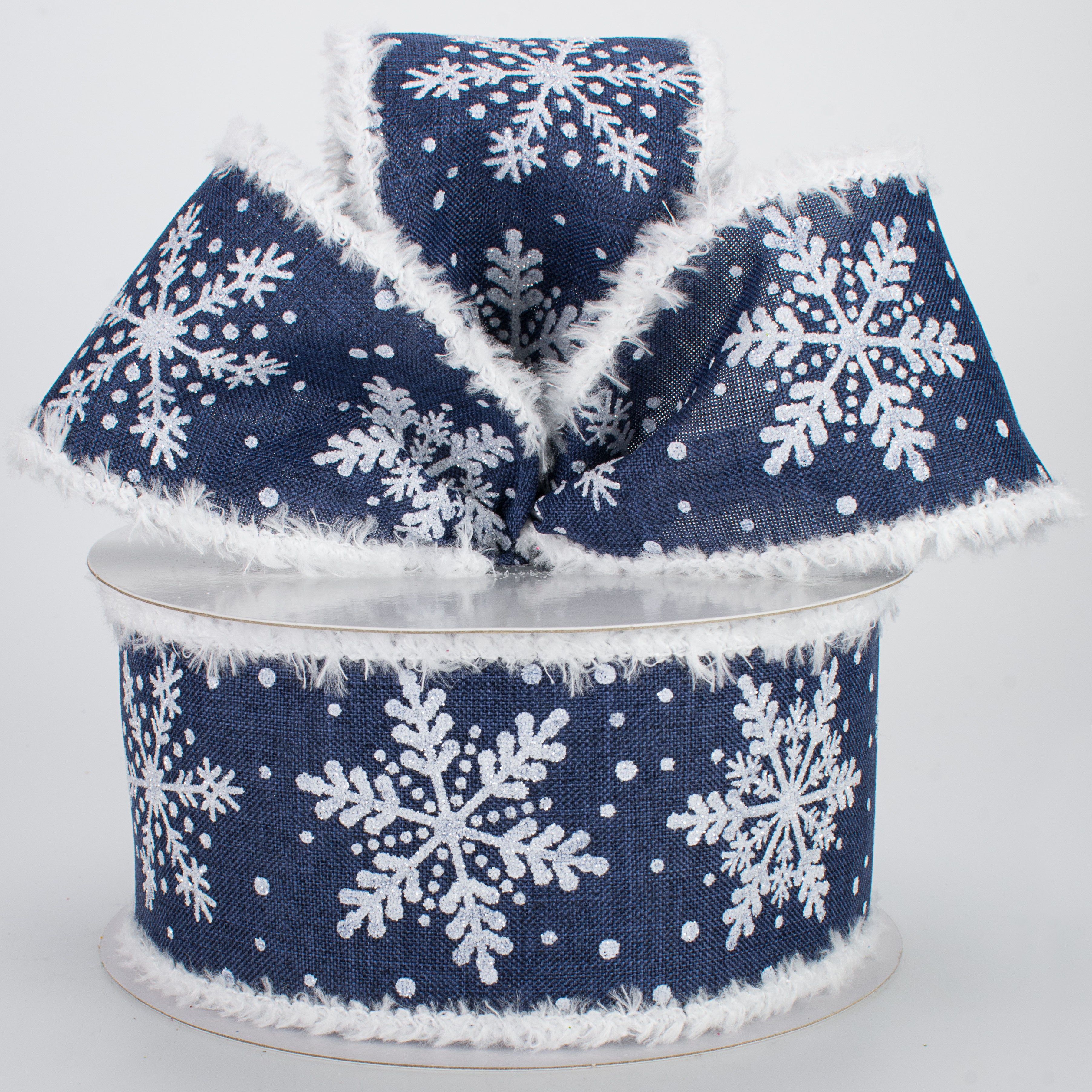2.5" Glittered Snowflakes Snowdrift Ribbon: Navy Blue (10 Yards)