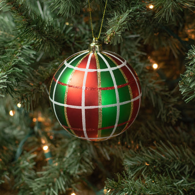 100MM Plaid Ball Ornament: Red, Emerald, White