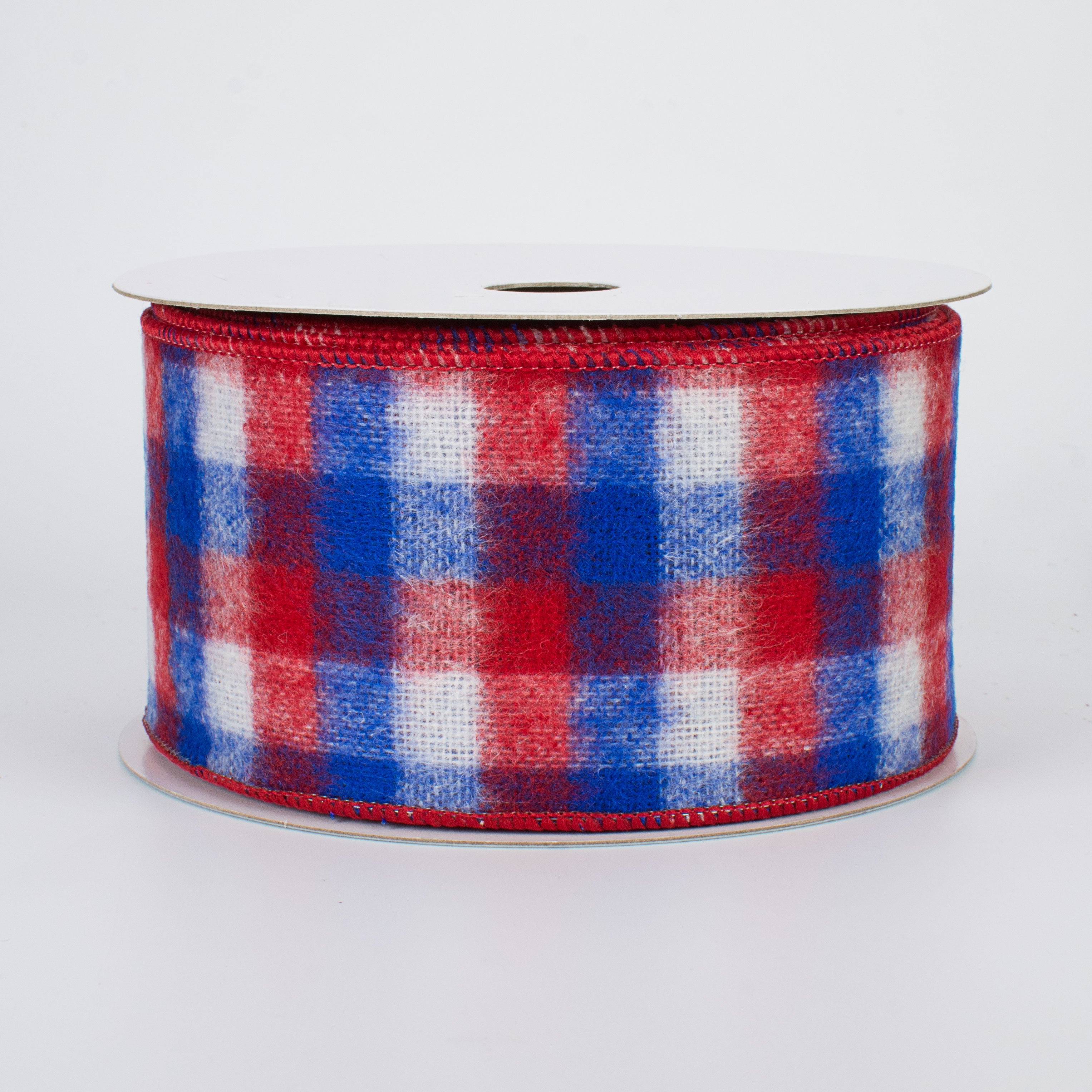 2.5" Fuzzy Flannel Mini Check Ribbon: Red, White & Blue (10 Yards)