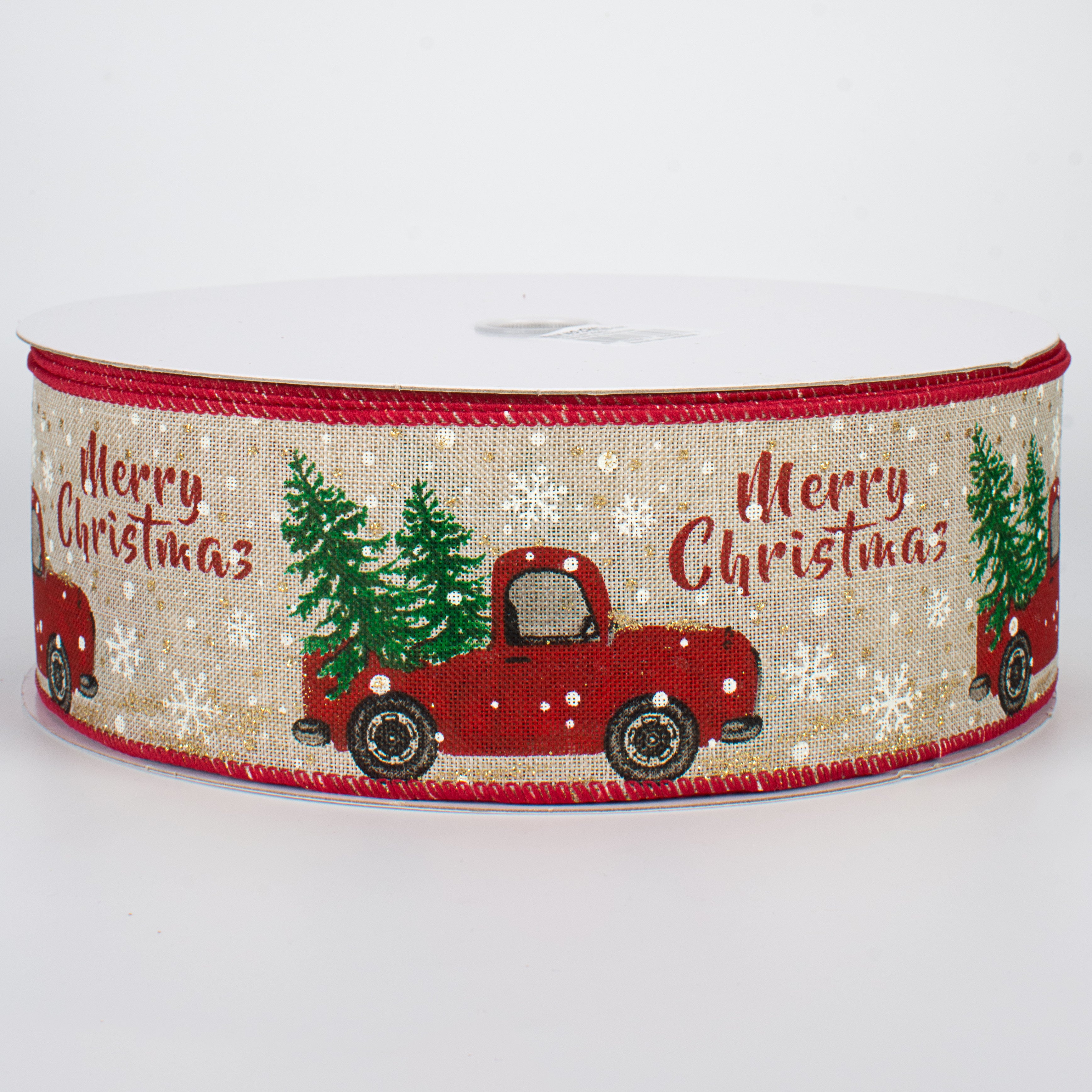 2.5" Glittered Christmas Red Truck Ribbon (50 Yards)