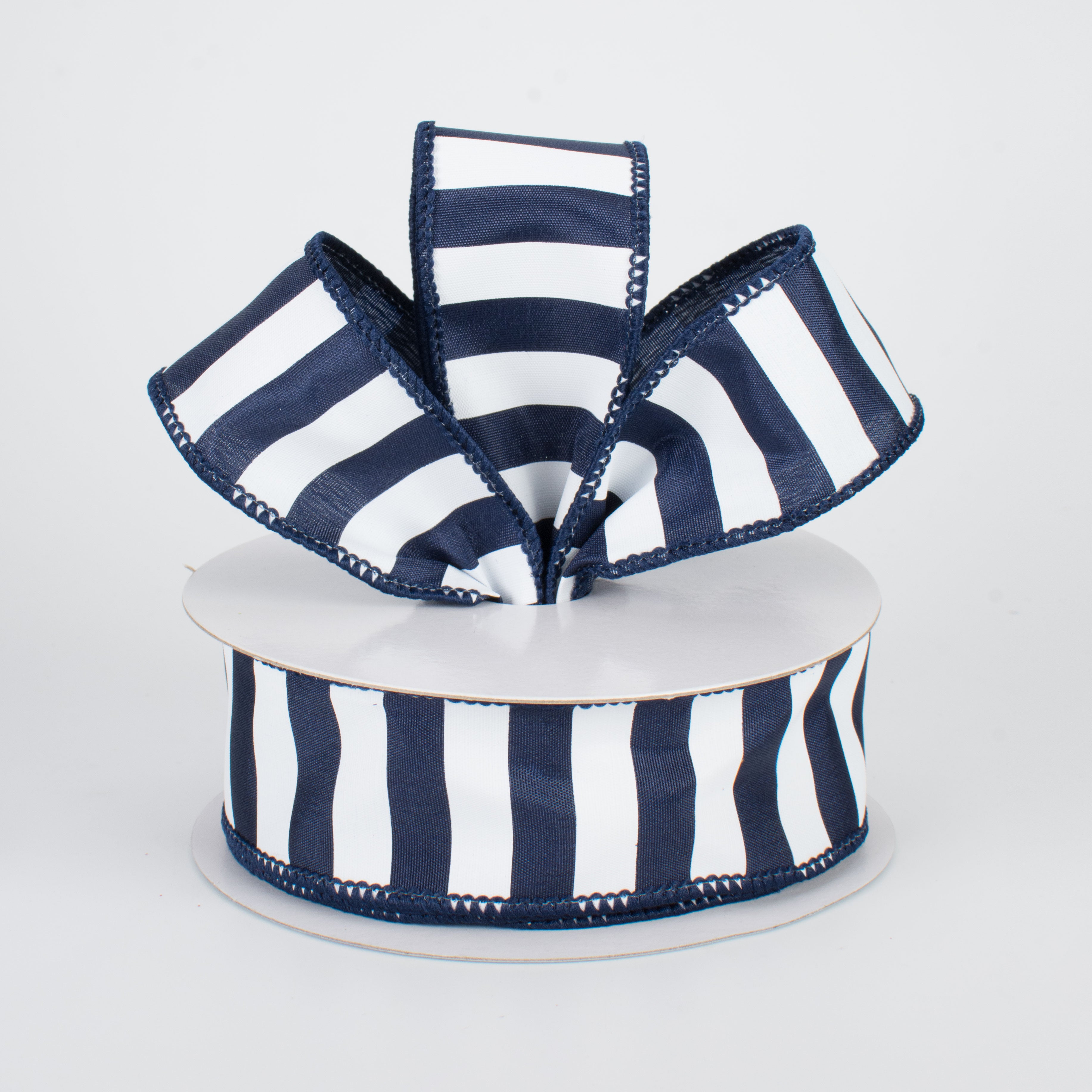 1.5" Medium Stripe Ribbon: Navy & White (10 Yards)