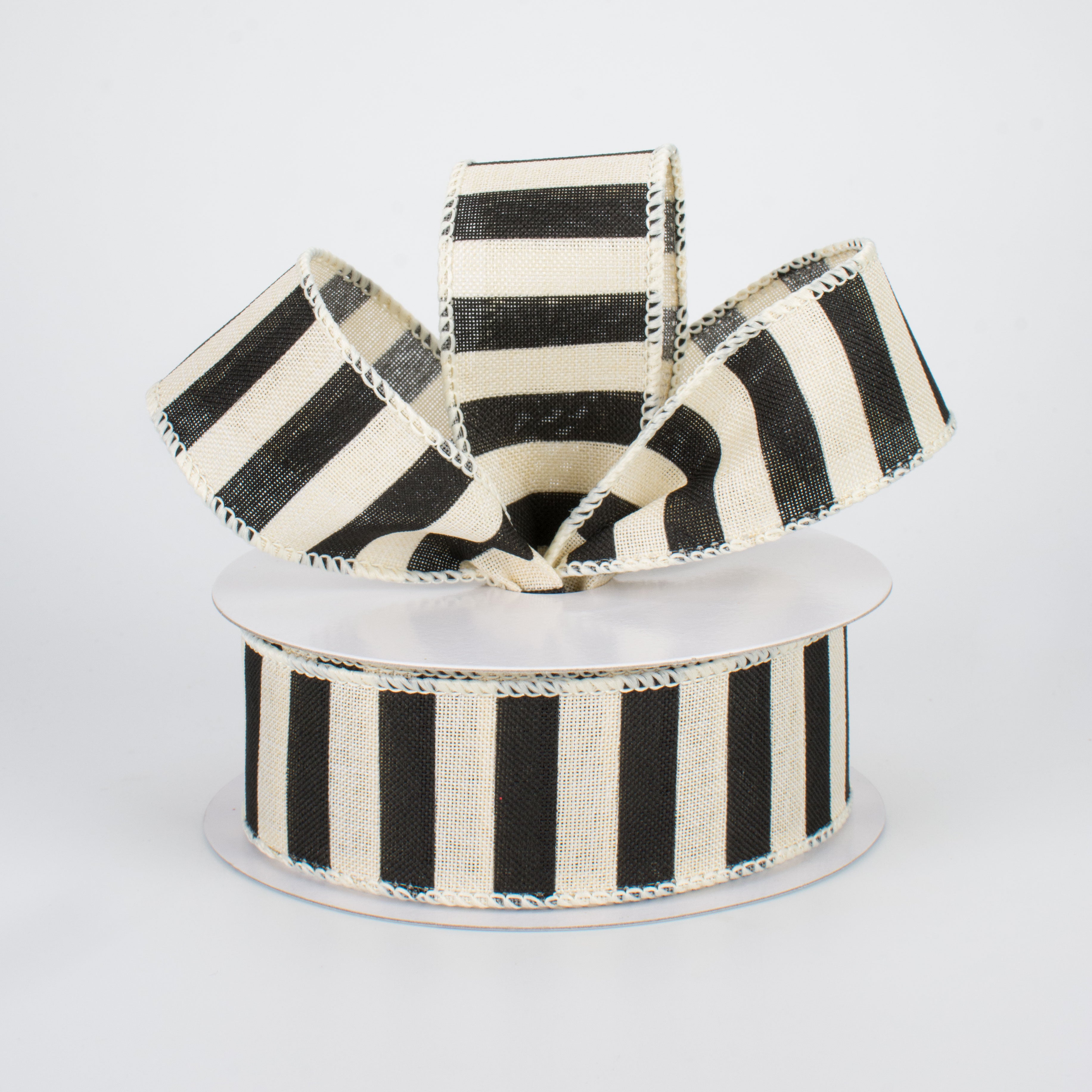 1.5" Medium Stripe Canvas Ribbon: Cream & Black (10 Yards)