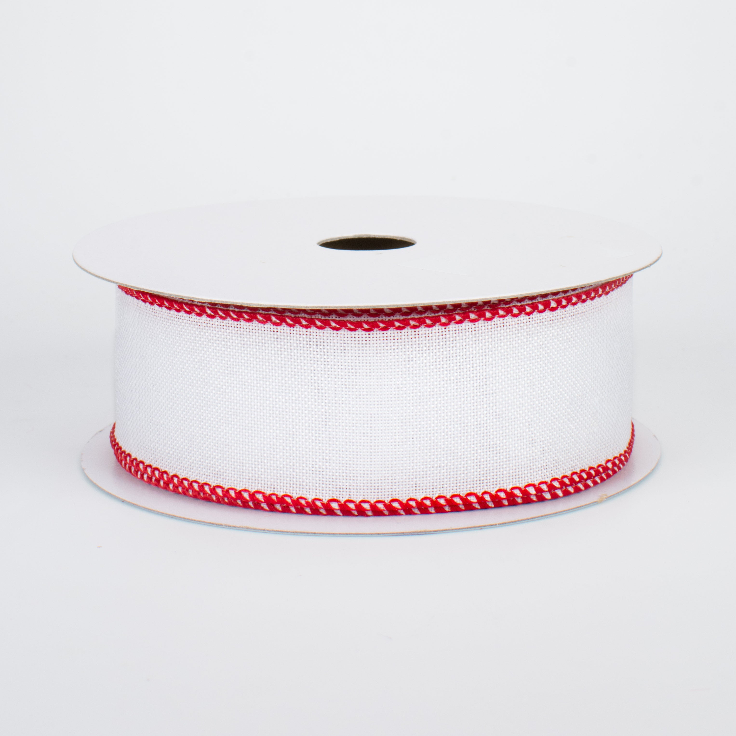 1.5" Stitched Edge Ribbon: White & Red (10 Yards)