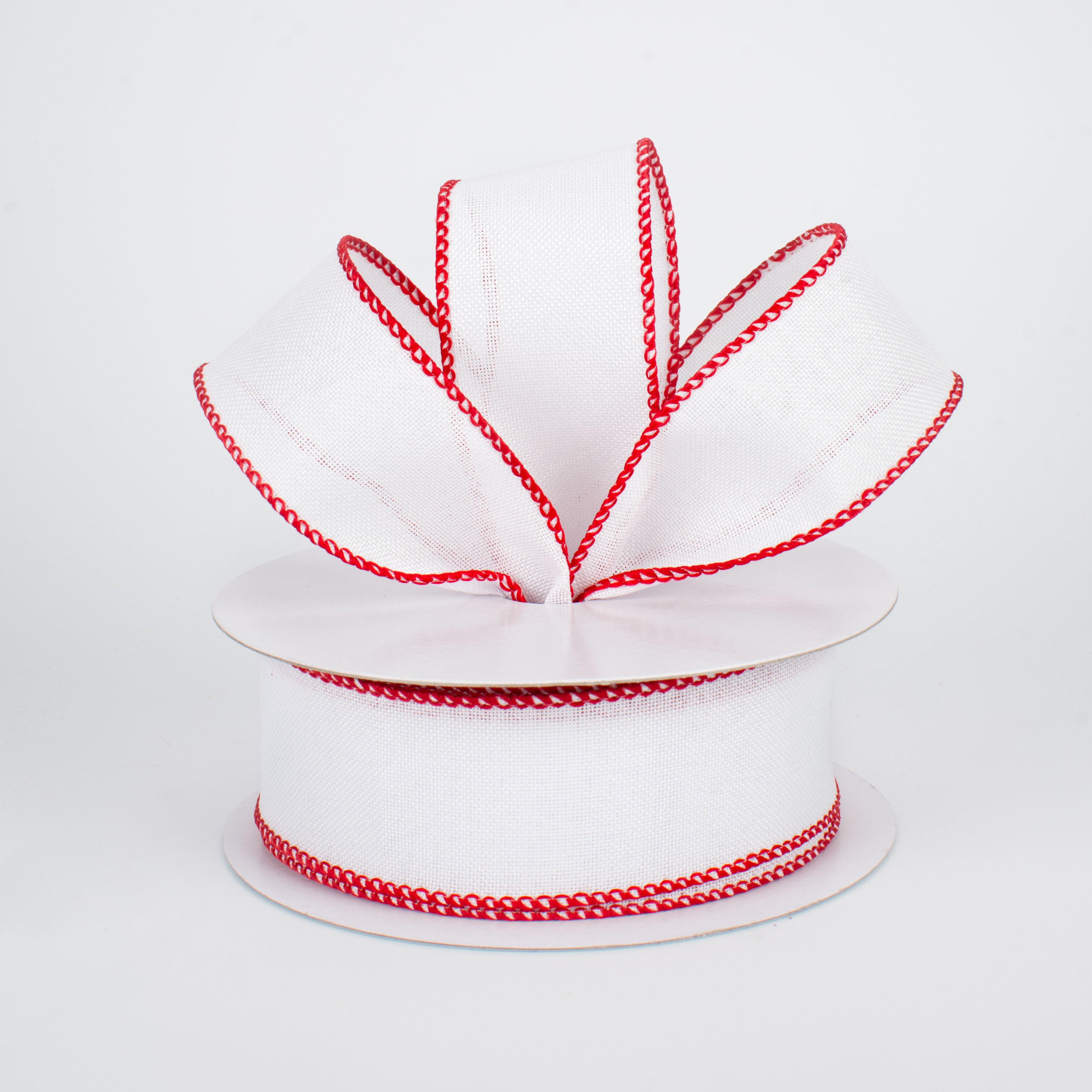1.5" Stitched Edge Ribbon: White & Red (10 Yards)