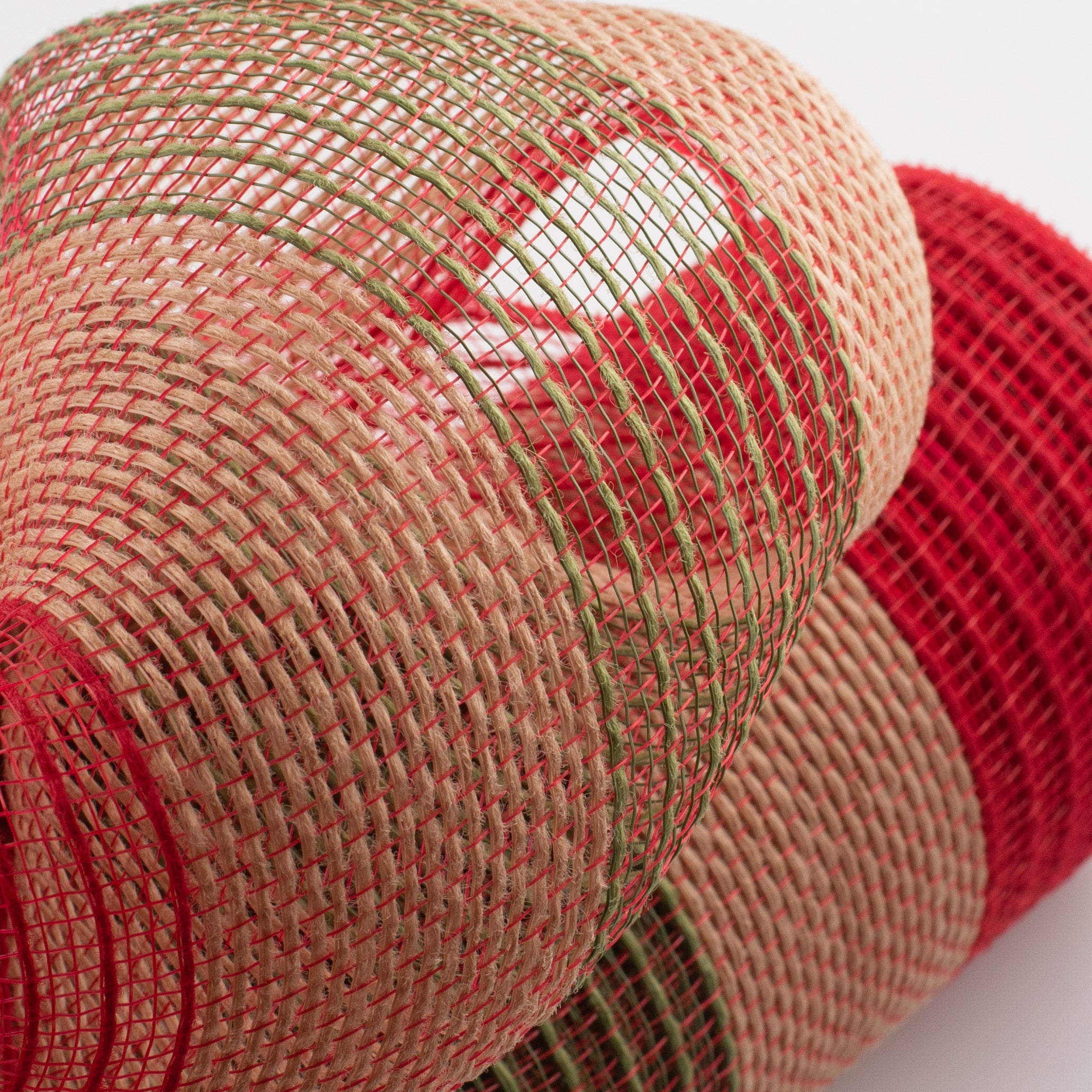 10" Poly Jute Deco Mesh: Red, Moss, Natural Wide Stripe