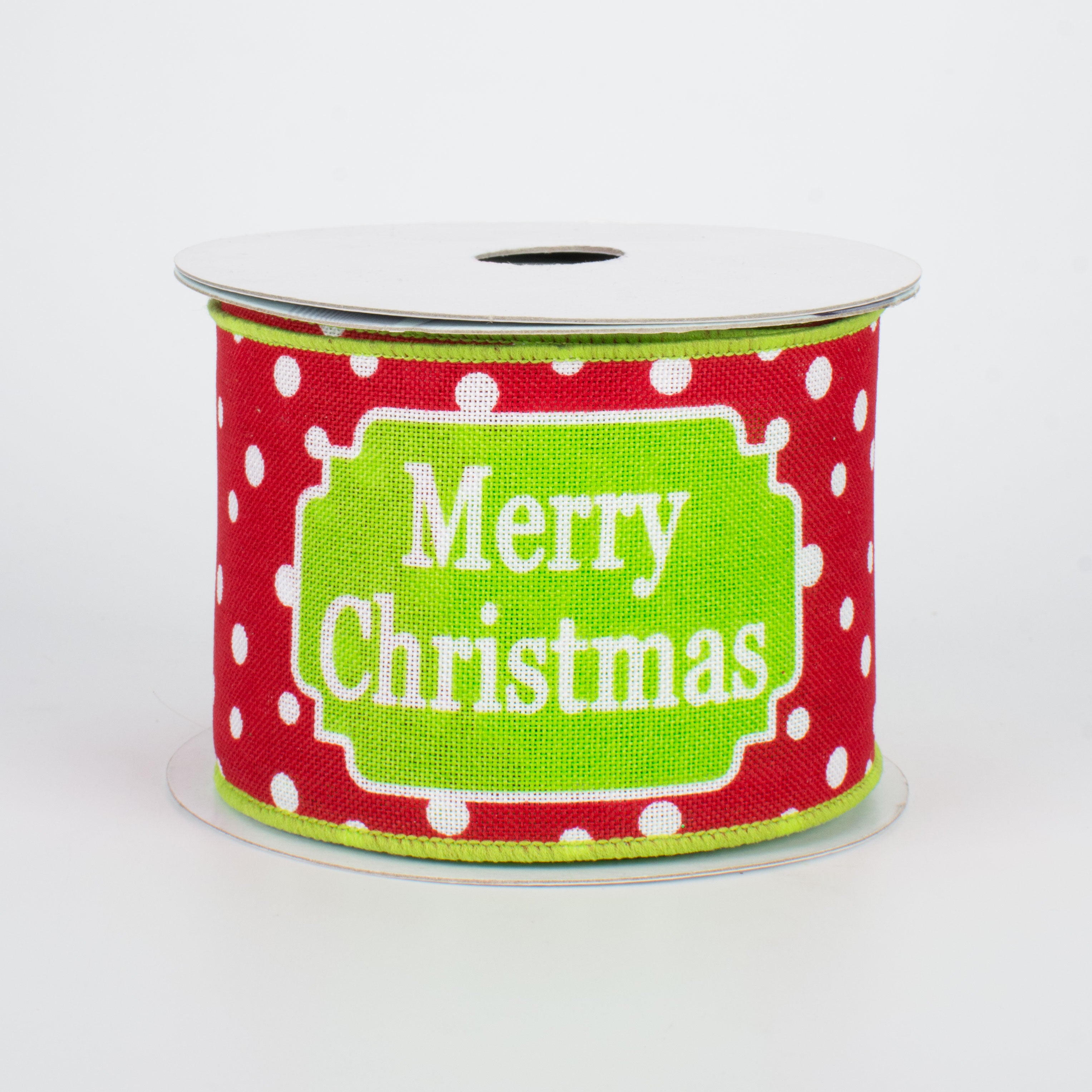 2.5" Merry Christmas Ribbon: White, Red, Lime (10 Yards)