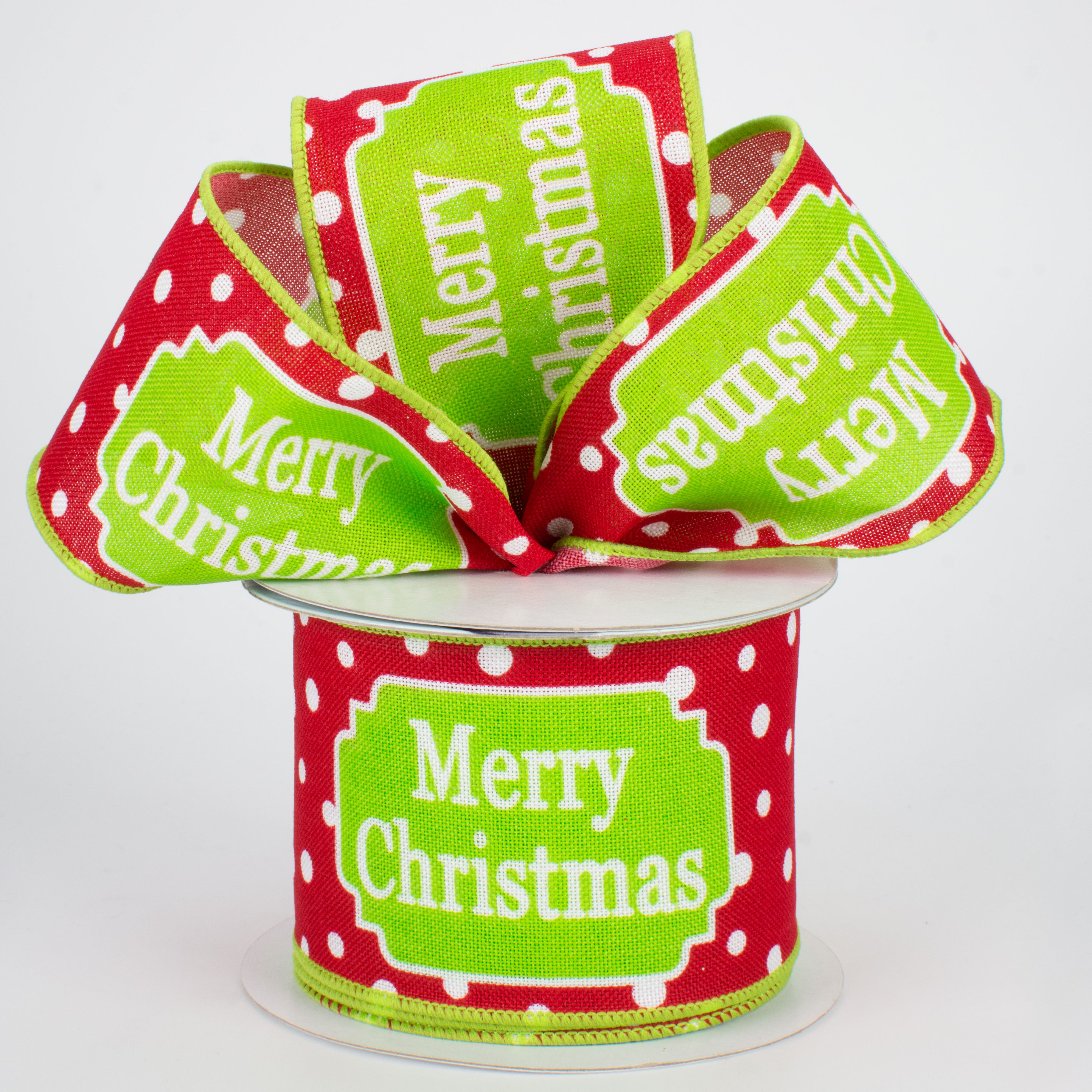 2.5" Merry Christmas Ribbon: White, Red, Lime (10 Yards)