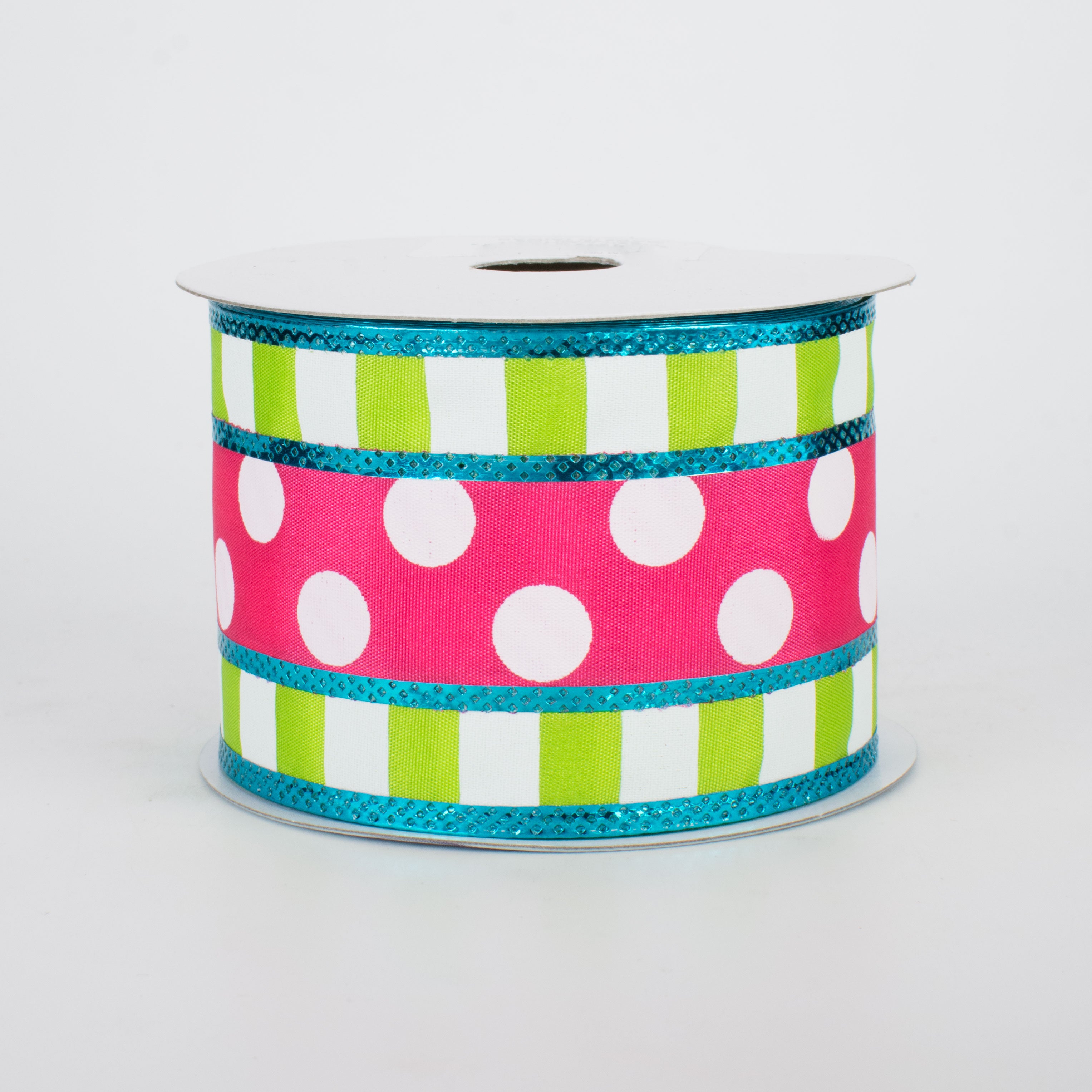 2.5" Striped Edge Polka Dot Ribbon: Hot Pink, Lime, Turquoise (10 Yards)