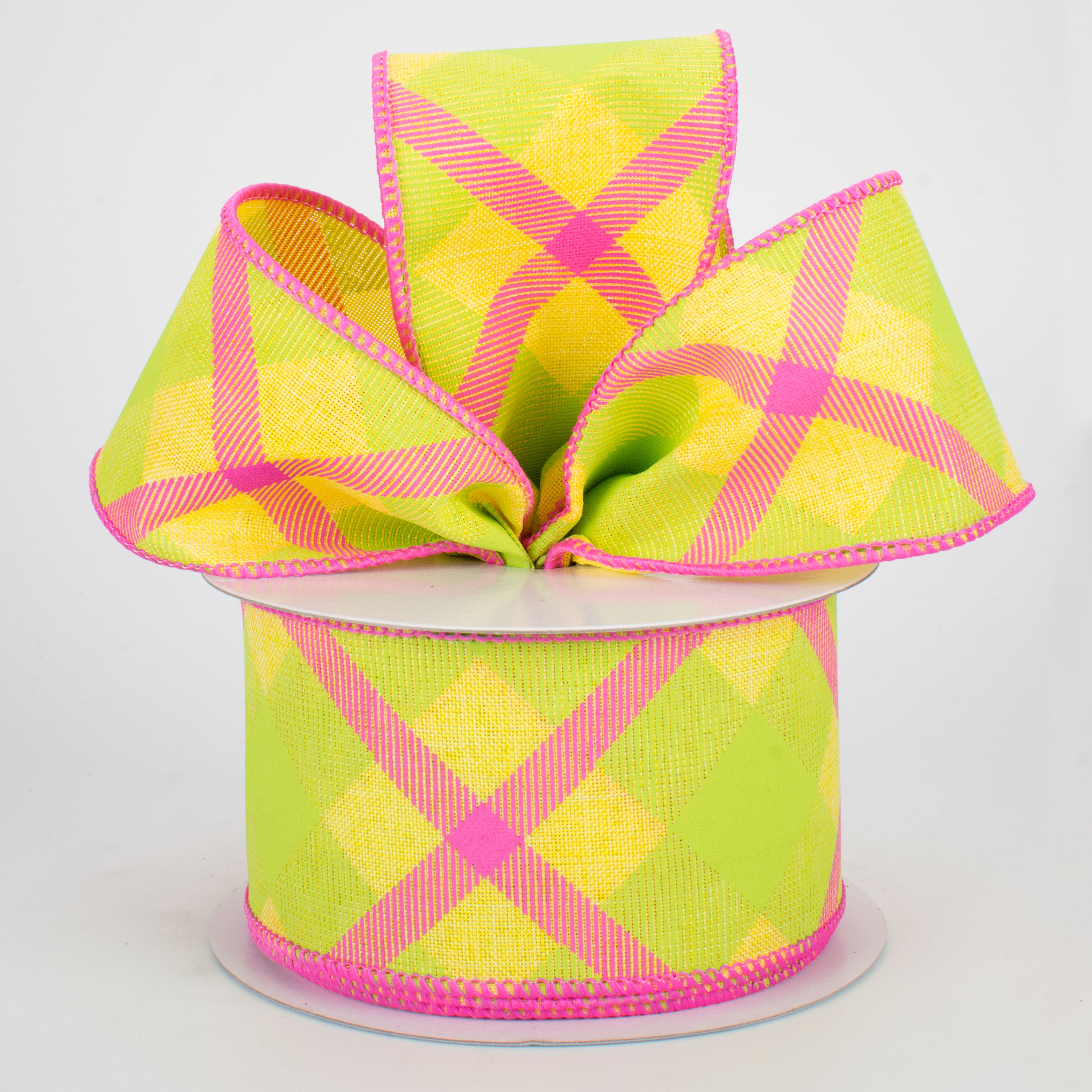 2.5" Printed Plaid Ribbon: Yellow, Lime, Pink (10 Yards)