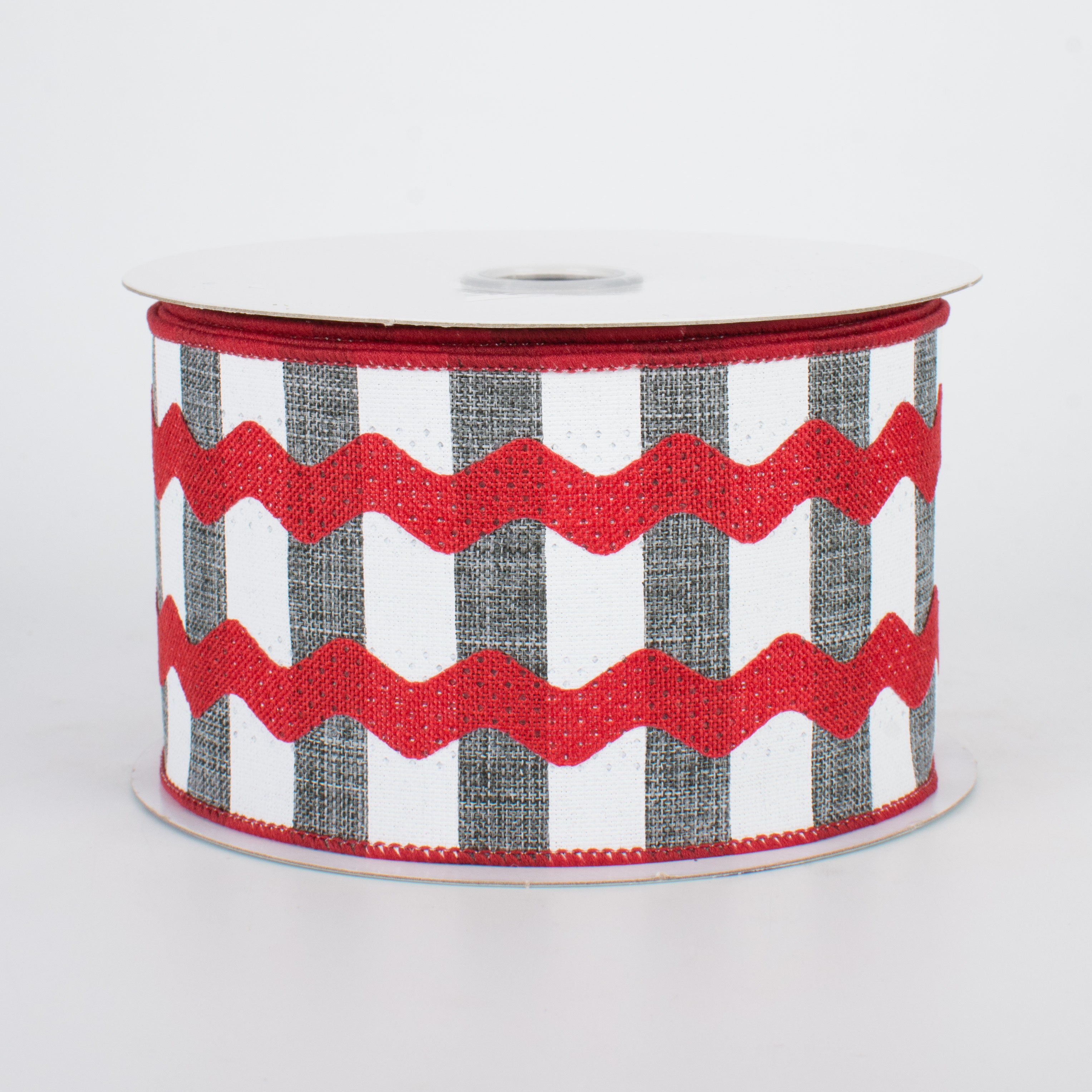 2.5" Ric Rac On Stripes Ribbon: Grey, White, Red (10 Yards)