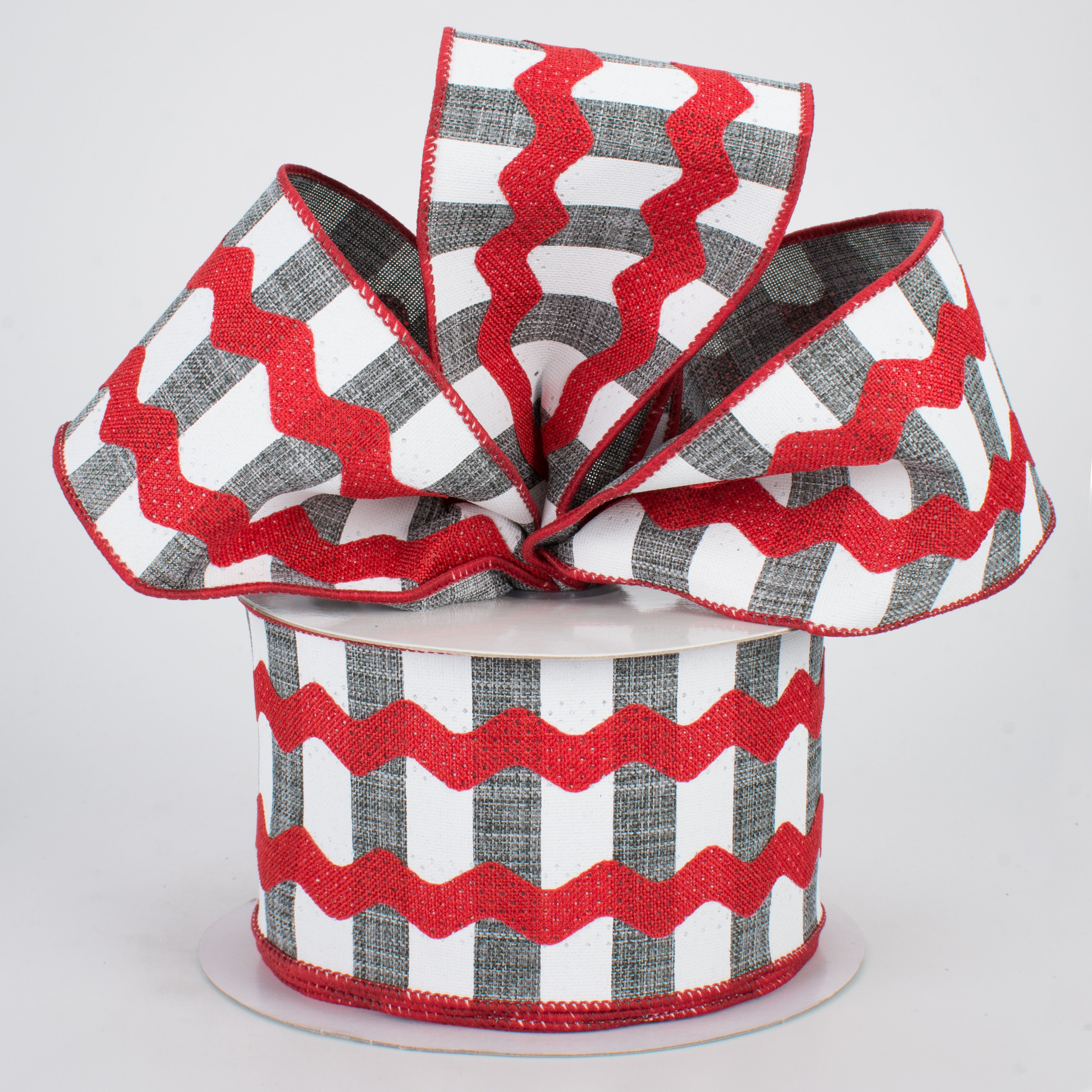 2.5" Ric Rac On Stripes Ribbon: Grey, White, Red (10 Yards)