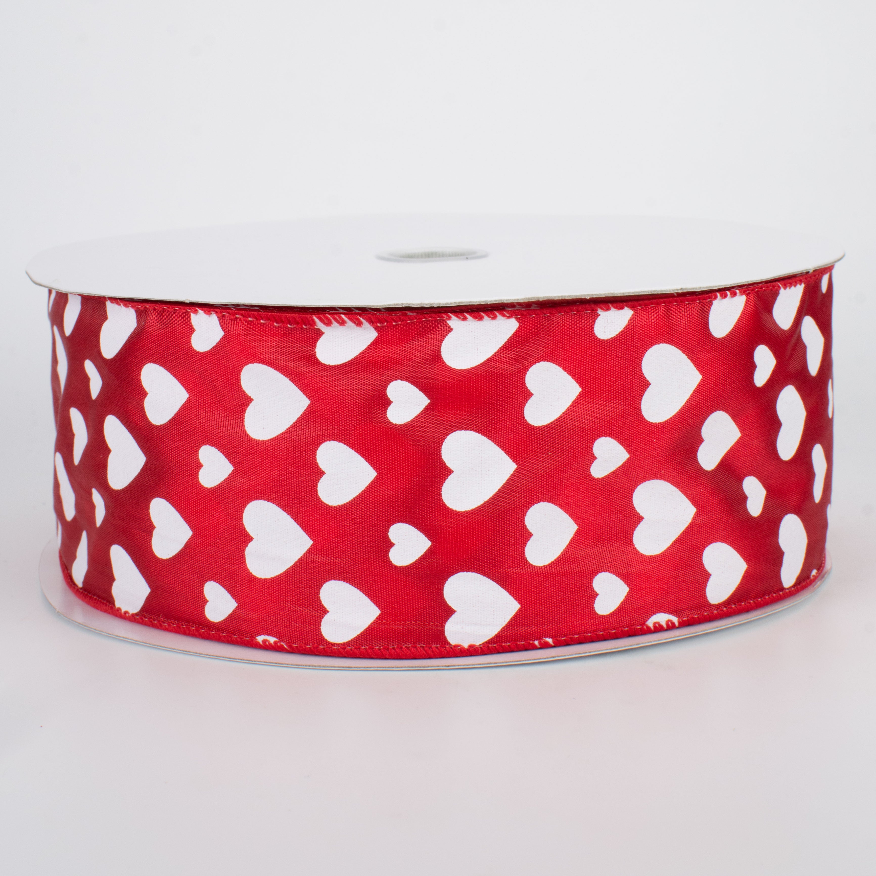 2.5" Hearts Ribbon: White On Red Satin (50 Yards)
