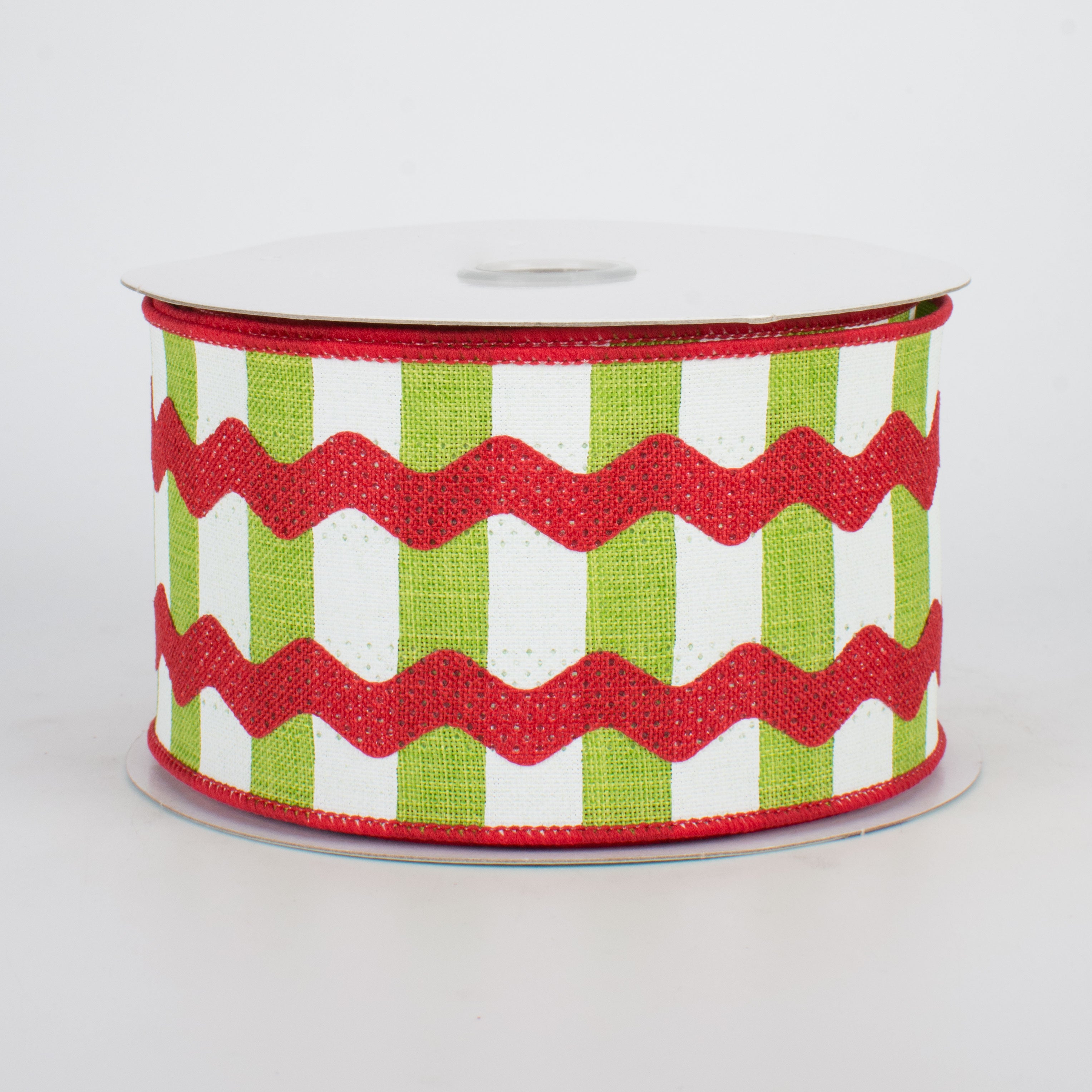 2.5" Ric Rac On Stripes Ribbon: Lime, White, Red (10 Yards)