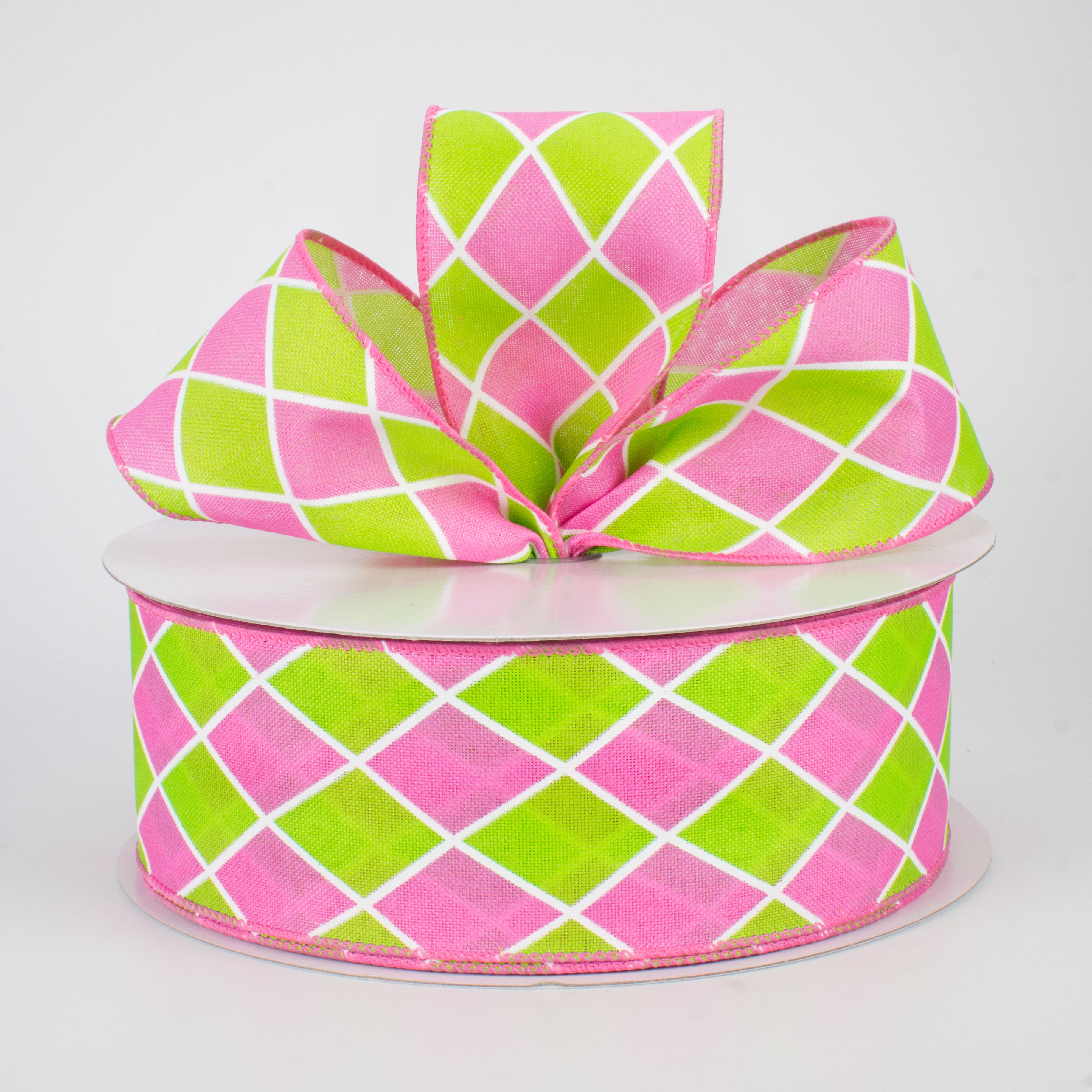 2.5" Harlequin Diamond Ribbon: Pink & Green (50 Yards)