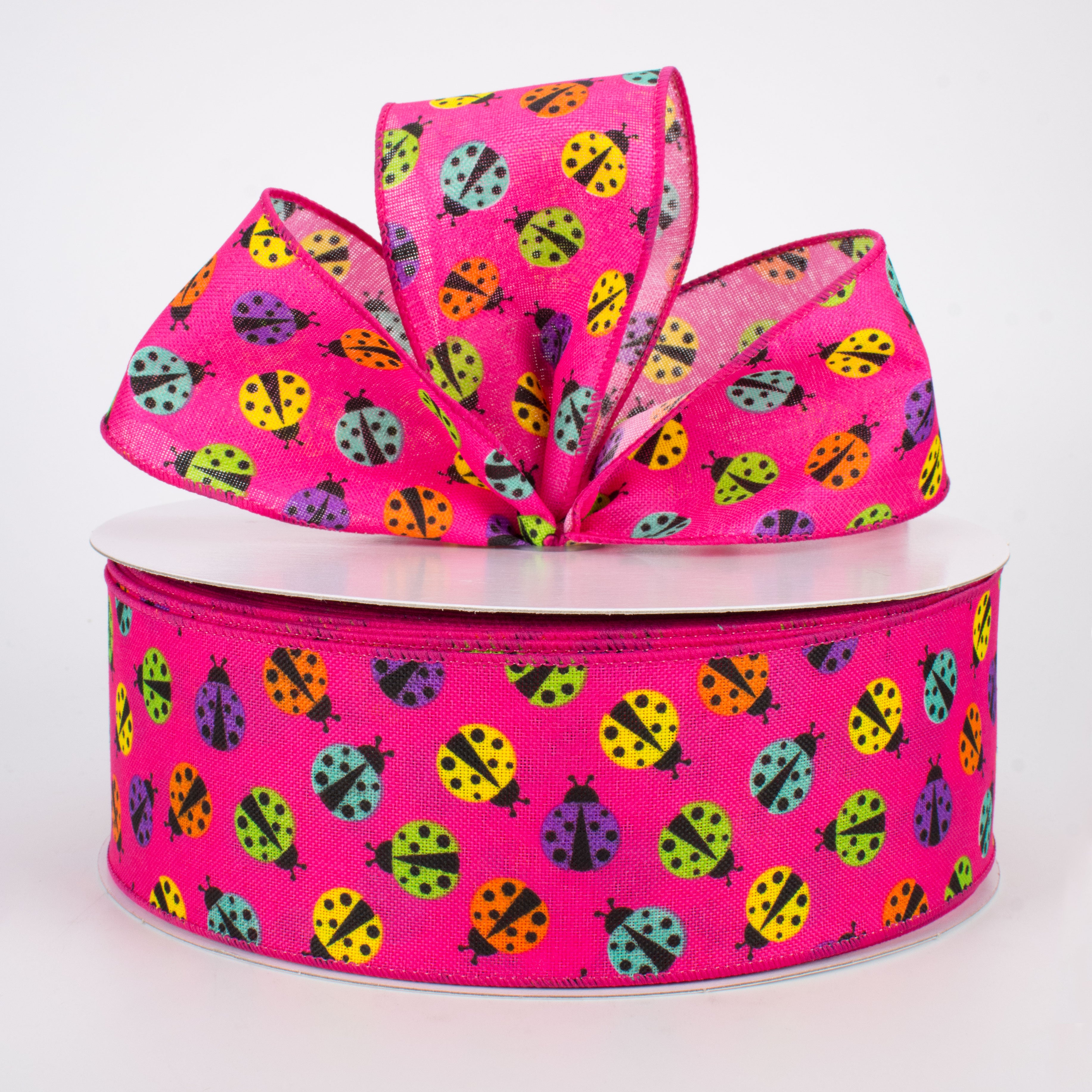 2.5" Multicolored Ladybugs Ribbon: Pink (50 Yards)