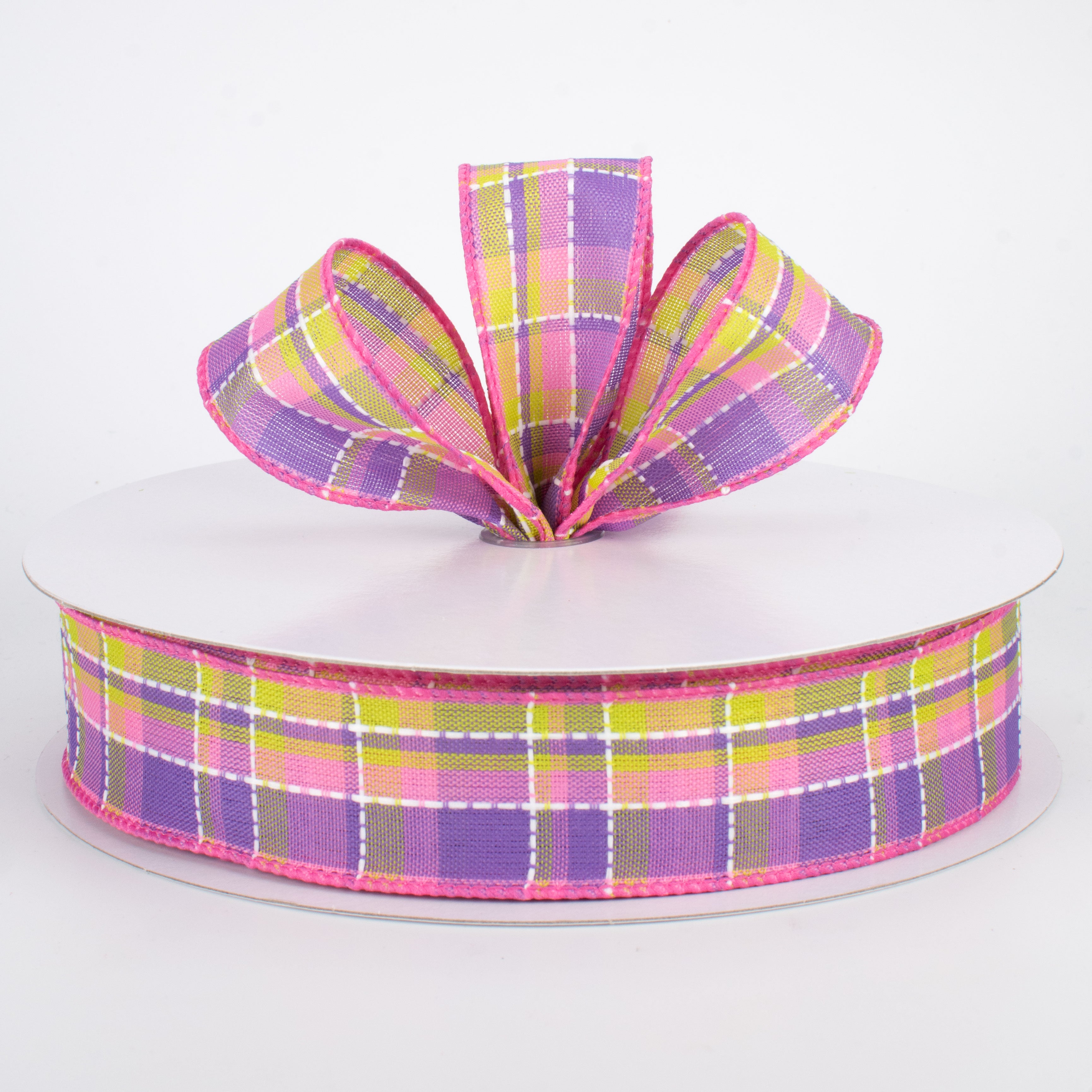 1.5" Stitched Spring Plaid Ribbon: Pink & Lavender (50 Yards)