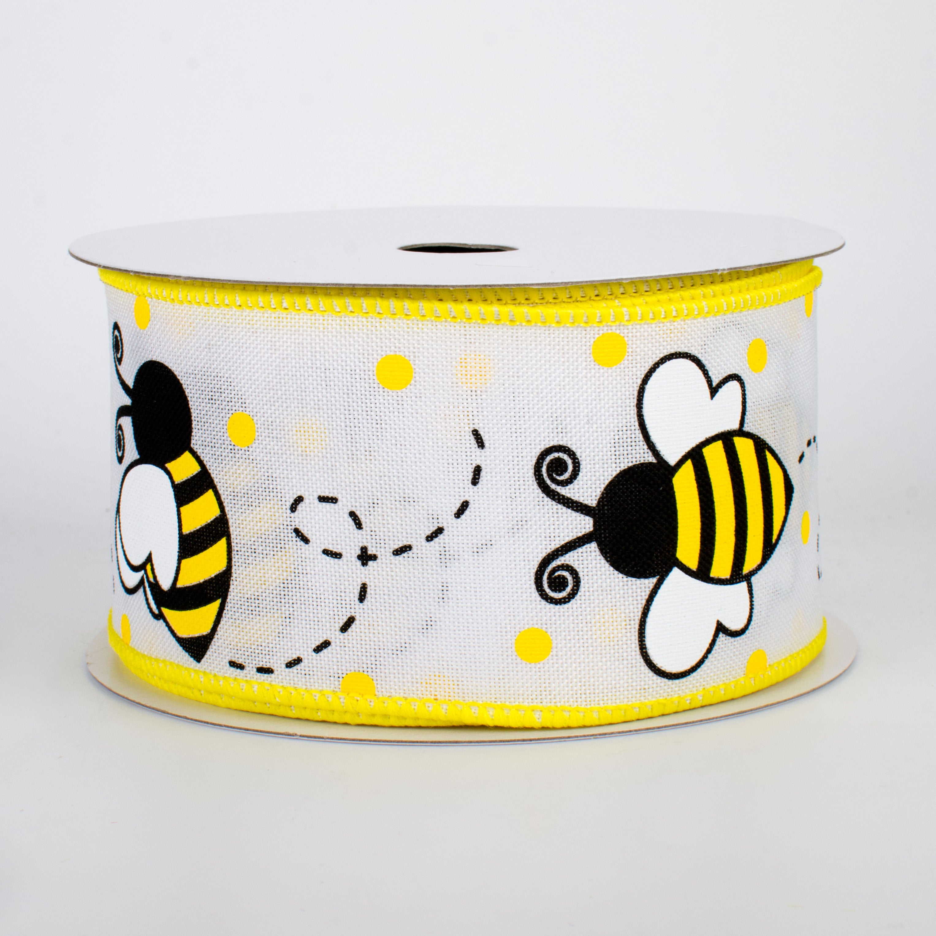 2.5" Bumble Bee & Dot Ribbon: White (10 Yards)