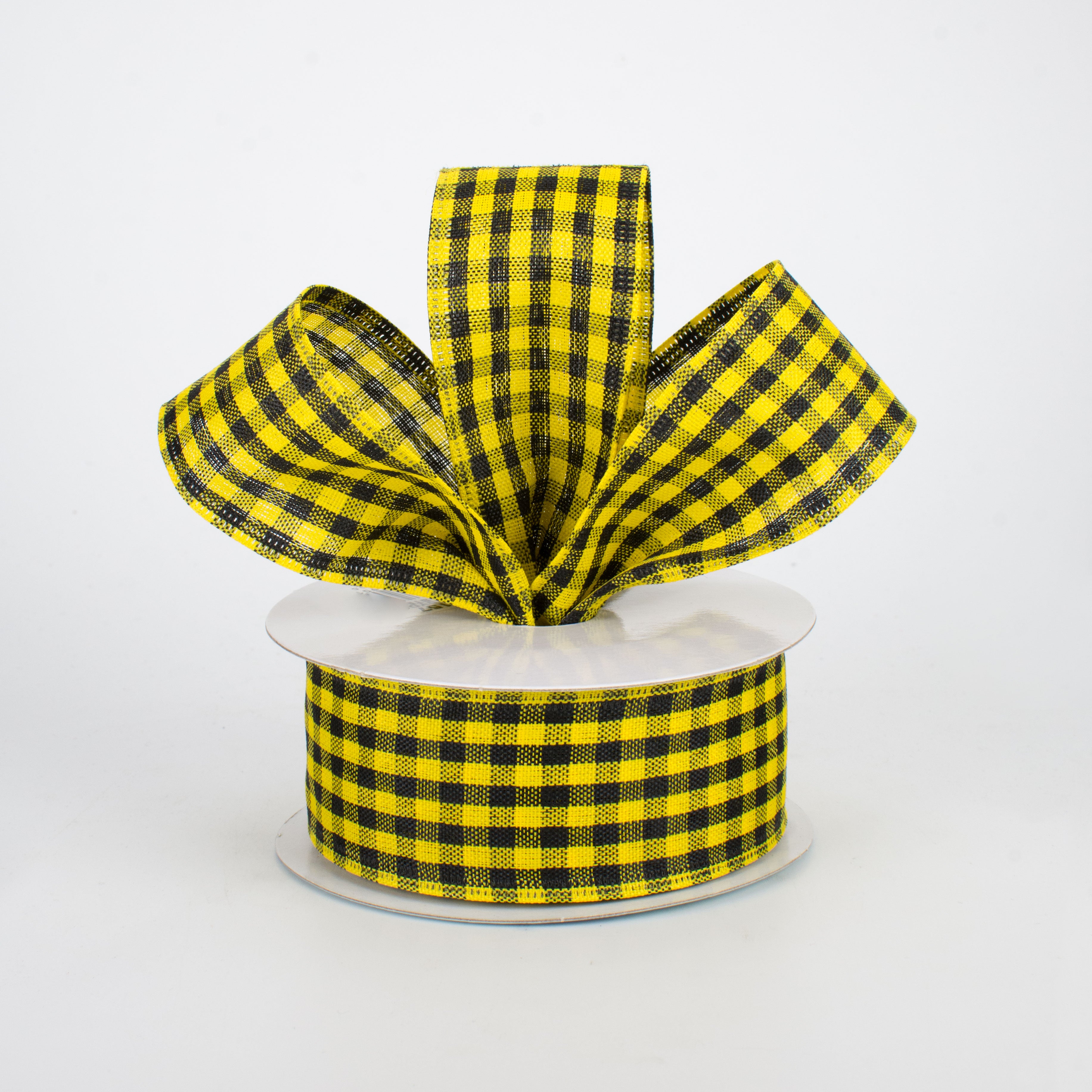 1.5" Woven Gingham Check Ribbon: Black & Yellow (10 Yards)
