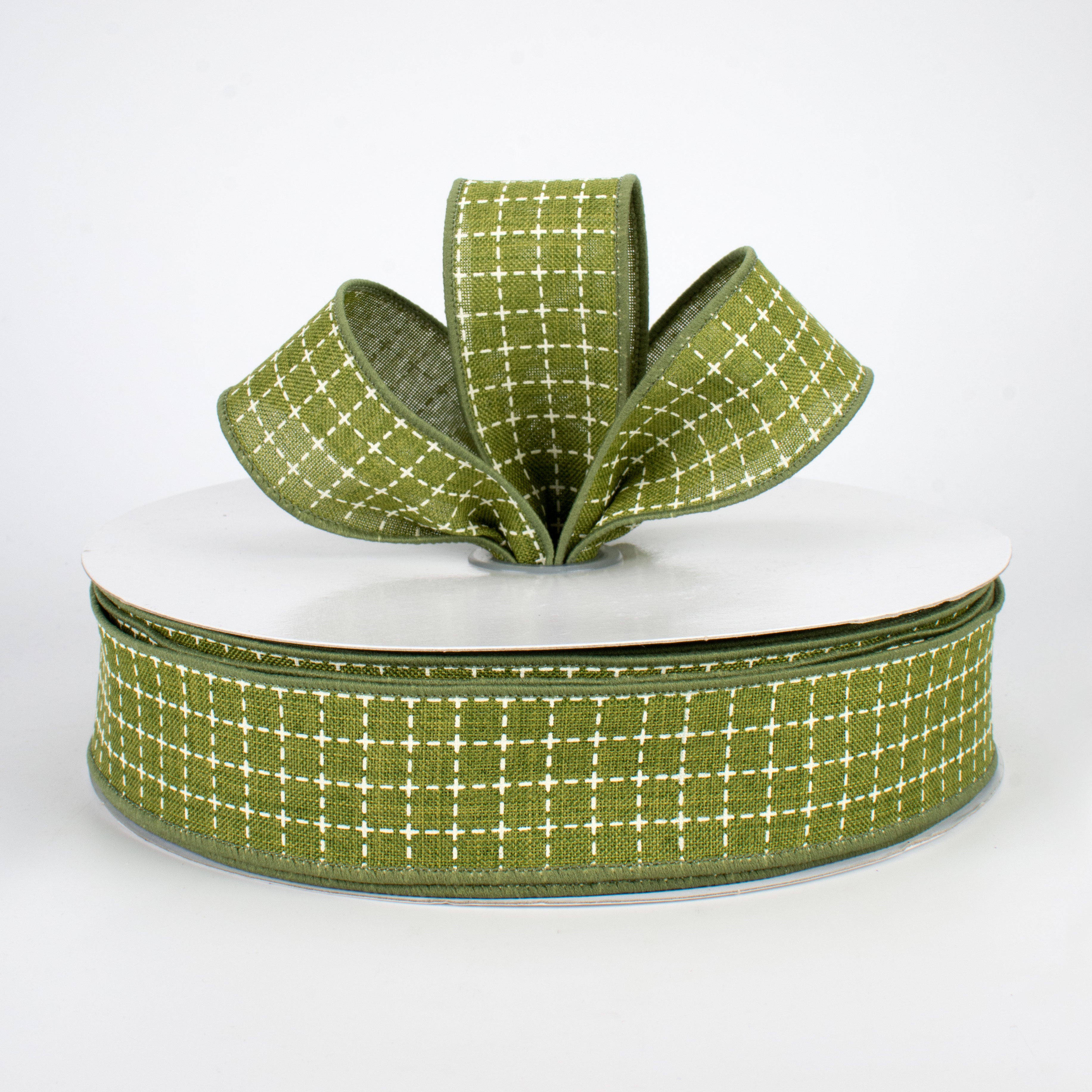 1.5" Stitched Squares Ribbon: Moss Green & Cream (50 Yards)