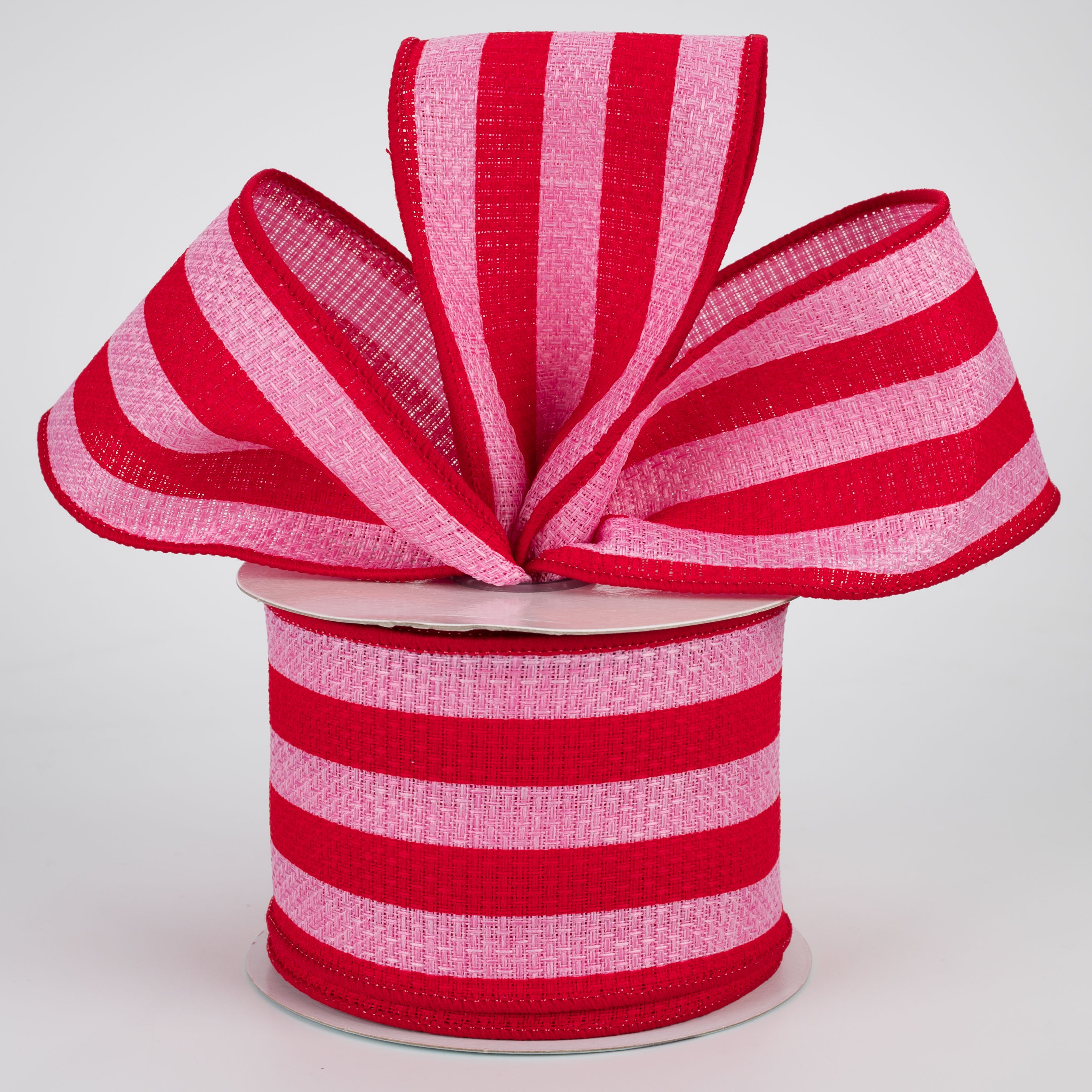 2.5" Vertical Stripe Faux Burlap Ribbon: Pink & Red (10 Yards)