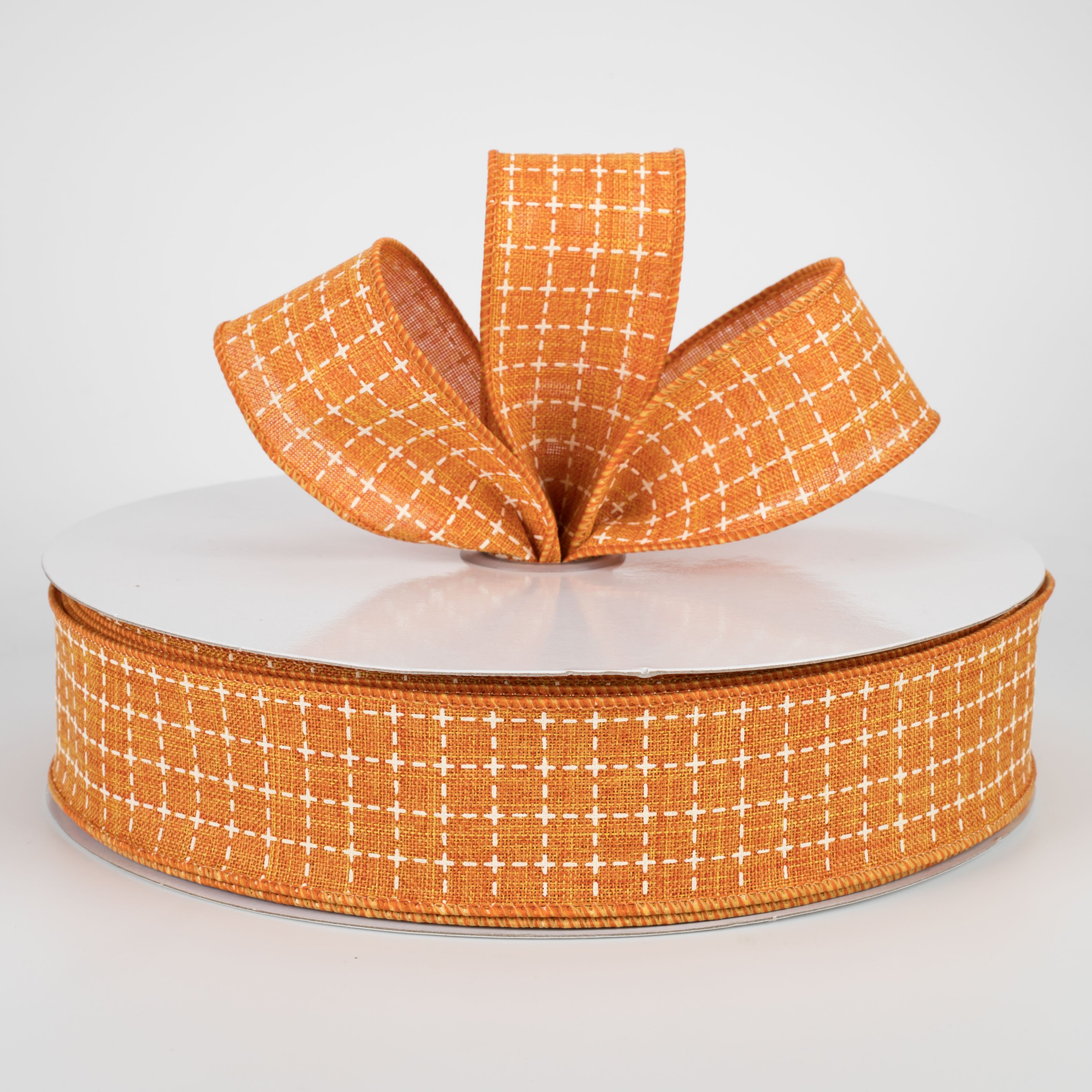 1.5" Stitched Squares Ribbon: Pumpkin Orange & Cream (50 Yards)