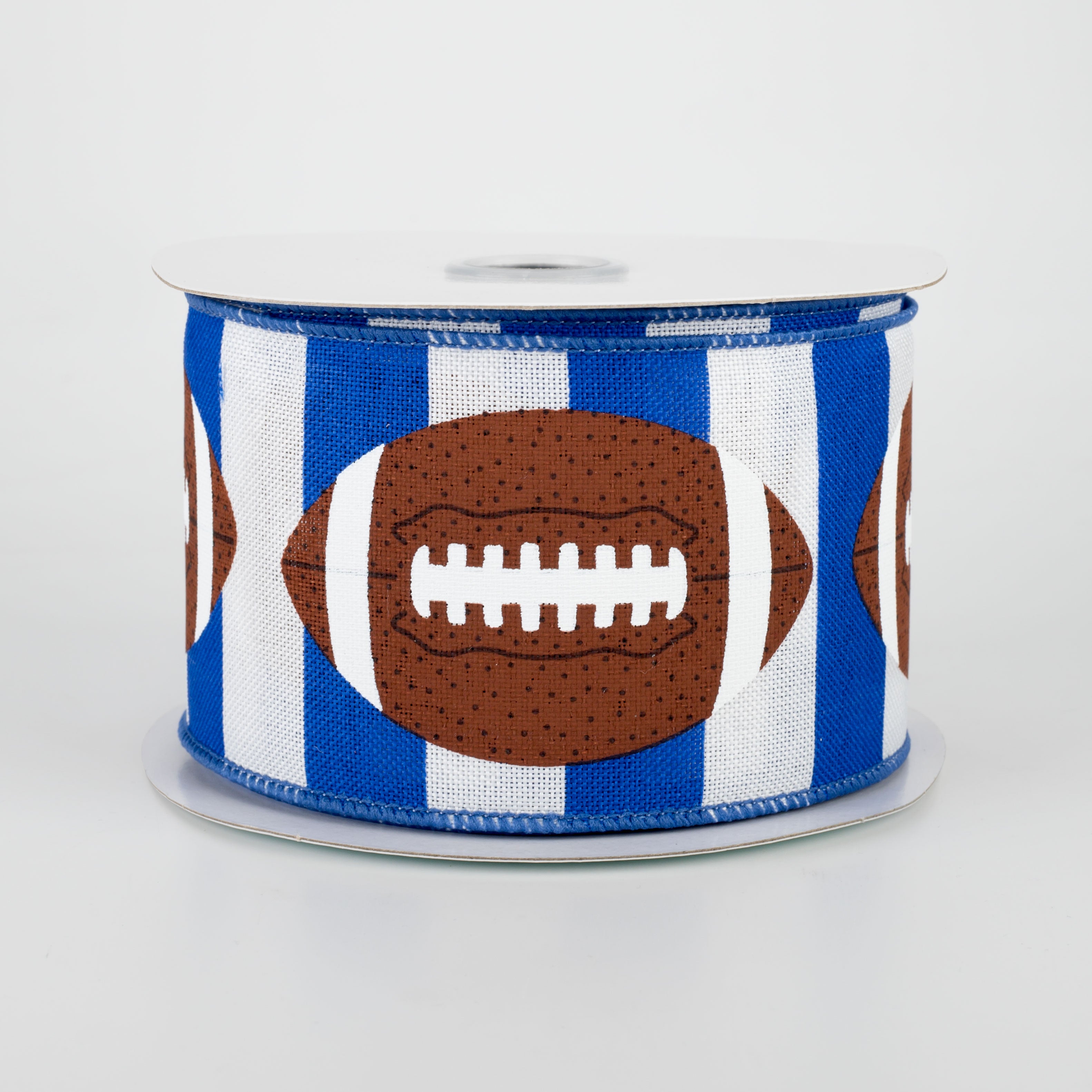 2.5" Footballs On Stripe Ribbon: Blue & White (10 Yards)