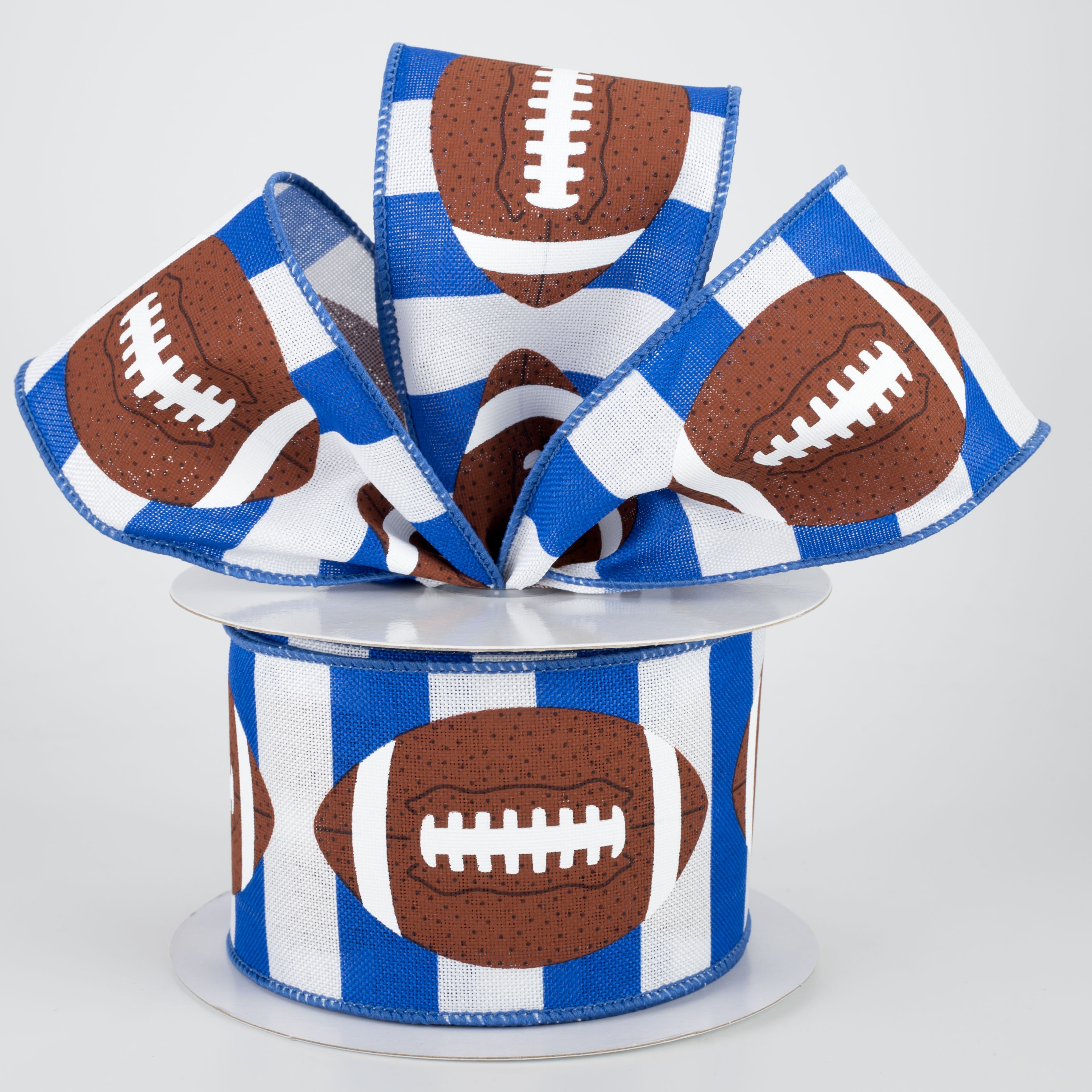2.5" Footballs On Stripe Ribbon: Blue & White (10 Yards)