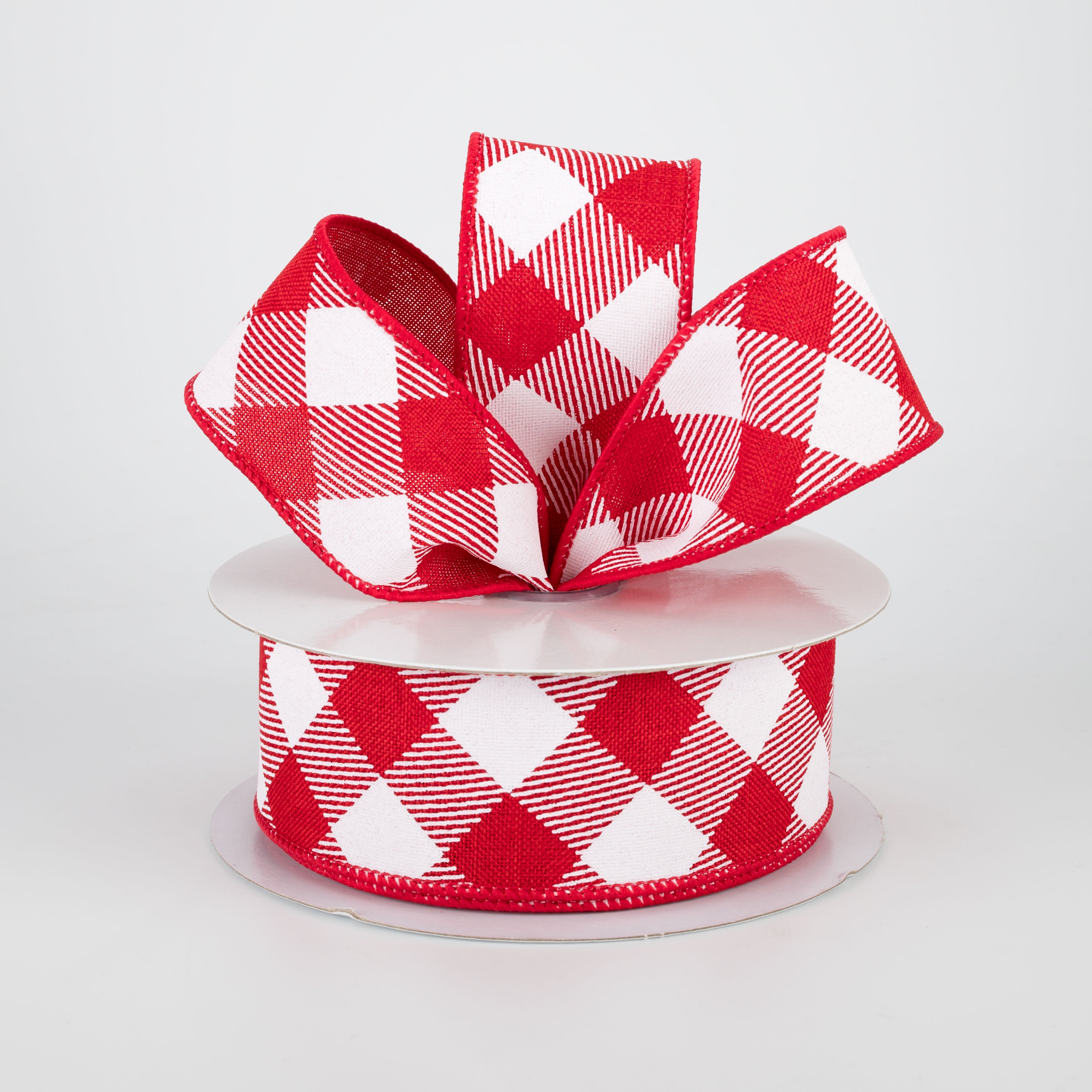 1.5" Diagonal Check Ribbon: Red & White (10 Yards)