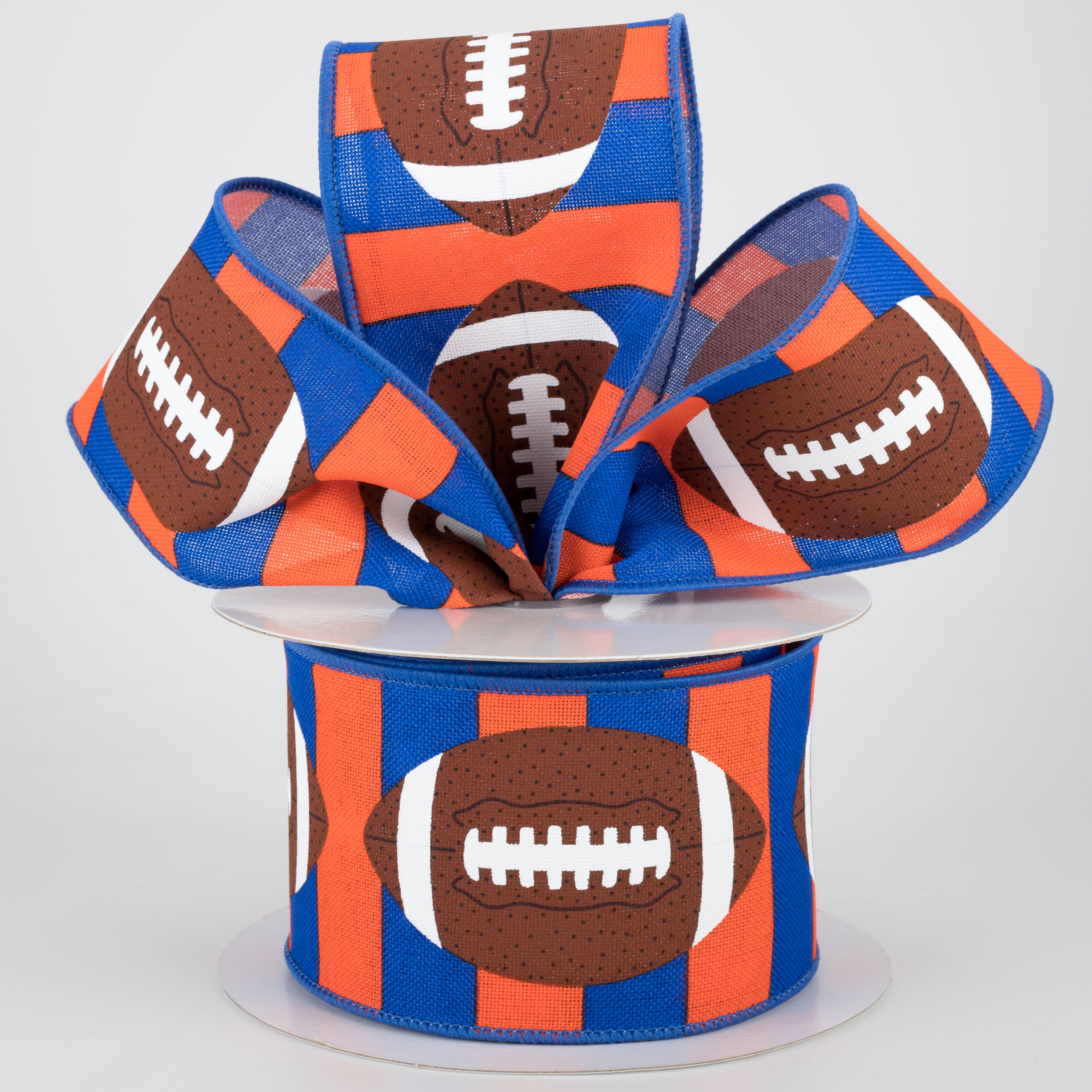 2.5" Footballs On Stripe Ribbon: Blue, Orange, Brown (10 Yards)