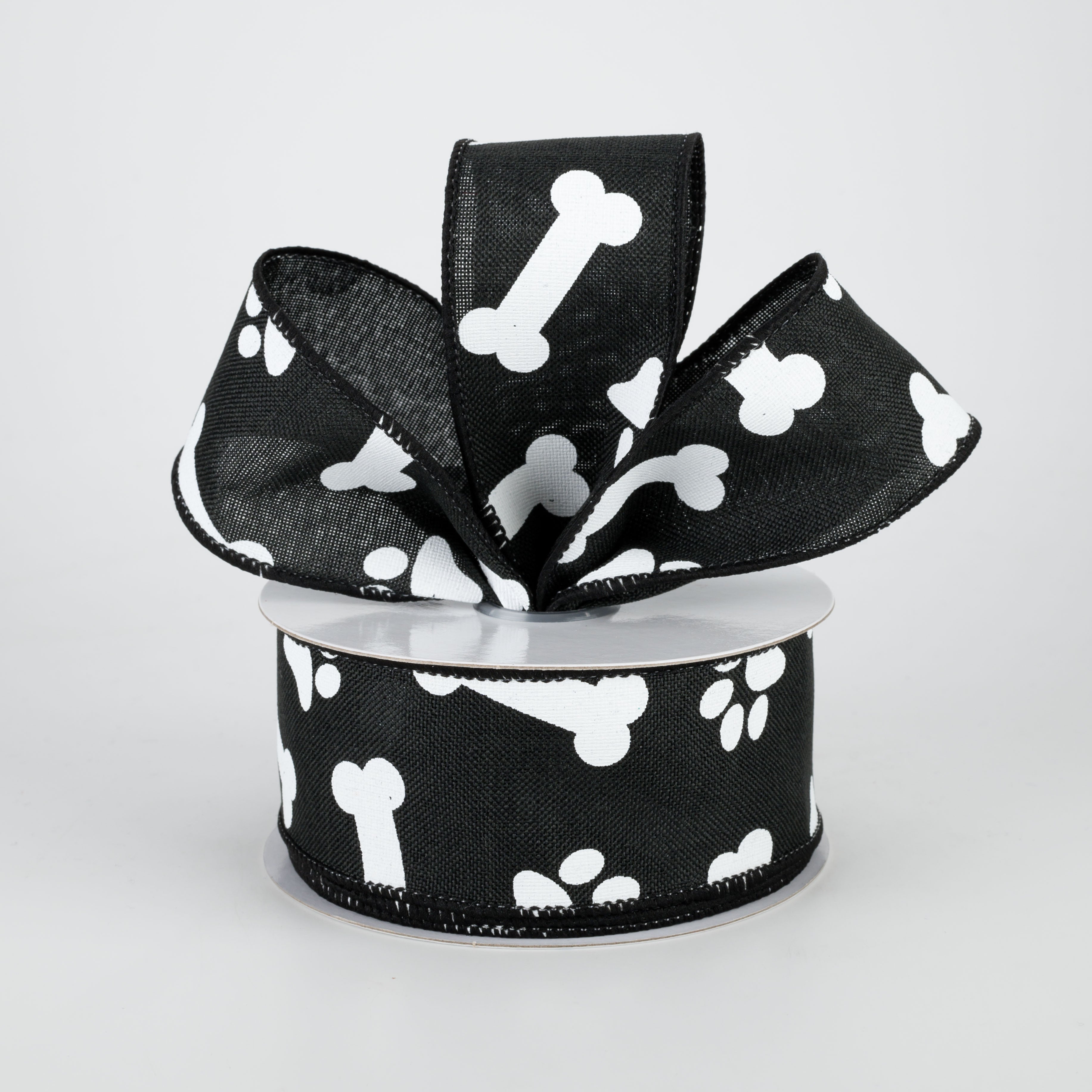 1.5" Paw Print & Bones Ribbon: Black & White (10 Yards)