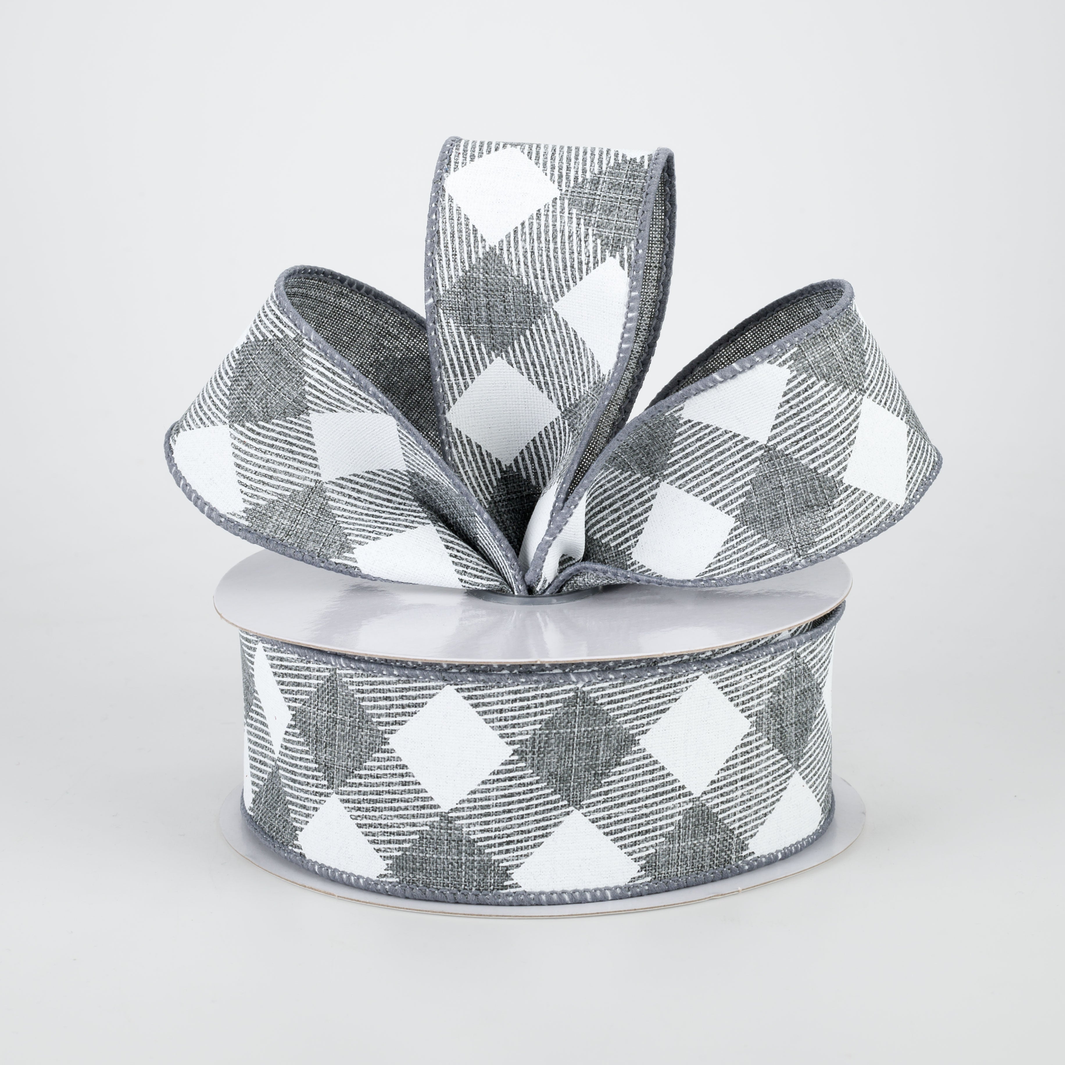 1.5" Diagonal Check Ribbon: Grey & White (10 Yards)