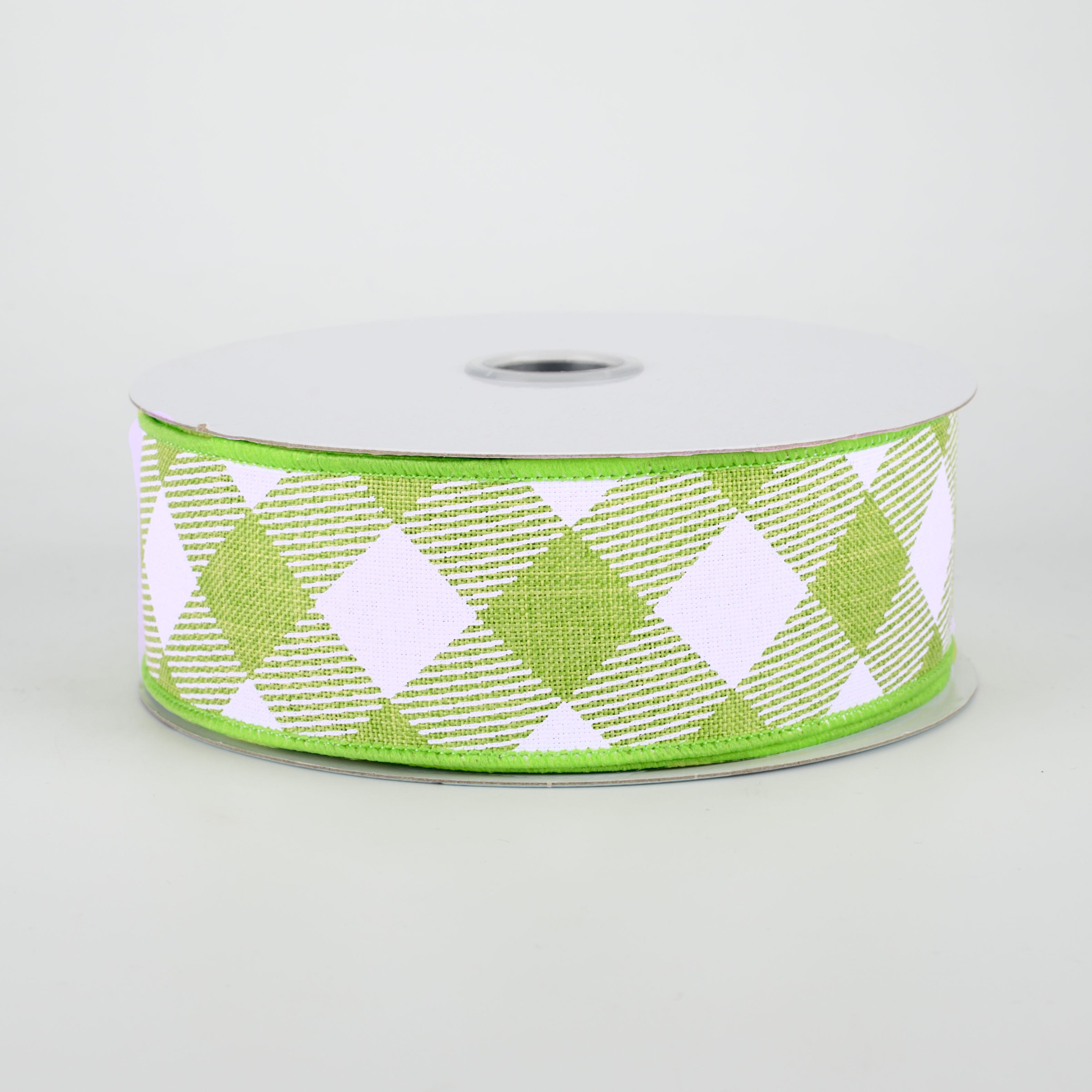1.5" Diagonal Check Ribbon: Lime Green & White (10 Yards)