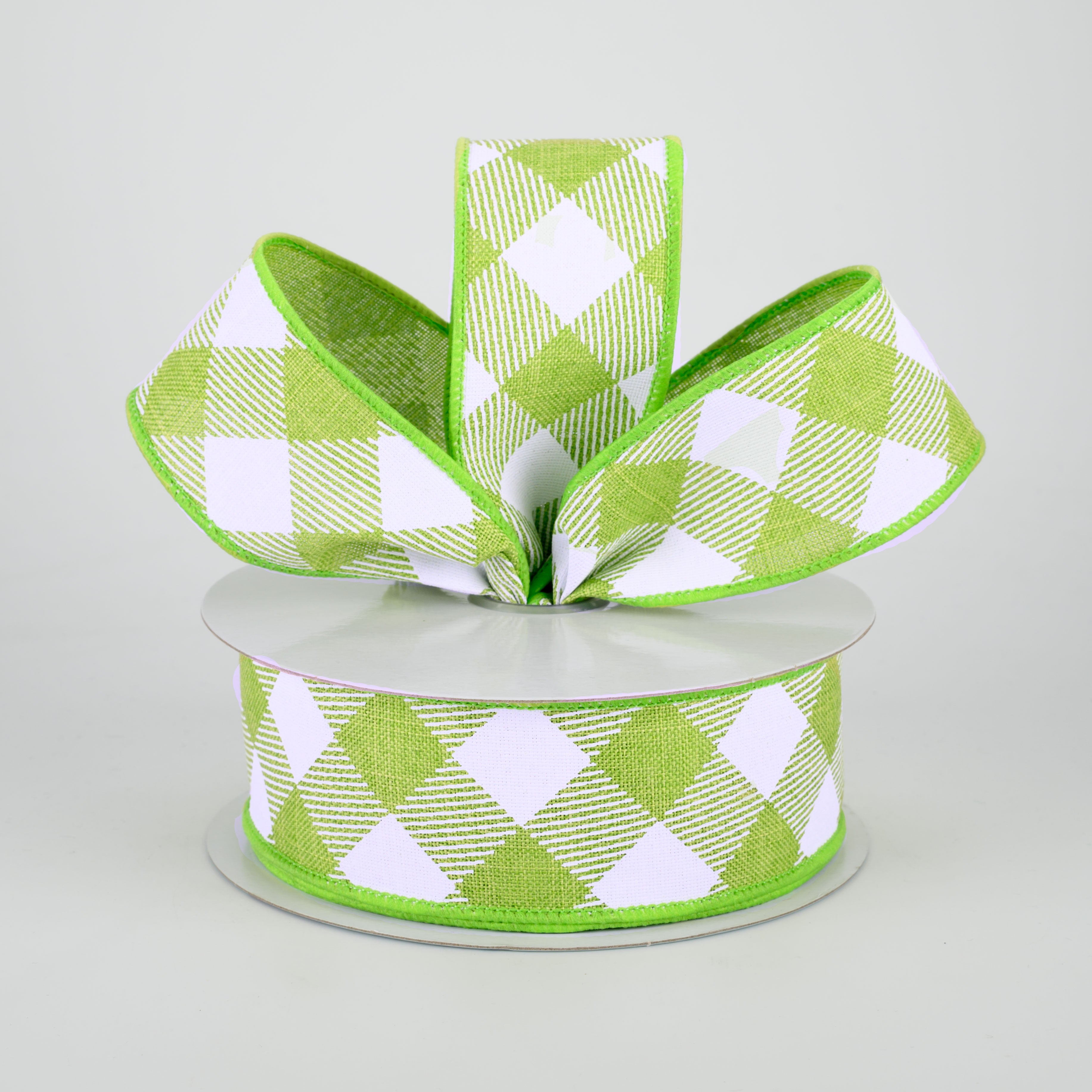 1.5" Diagonal Check Ribbon: Lime Green & White (10 Yards)