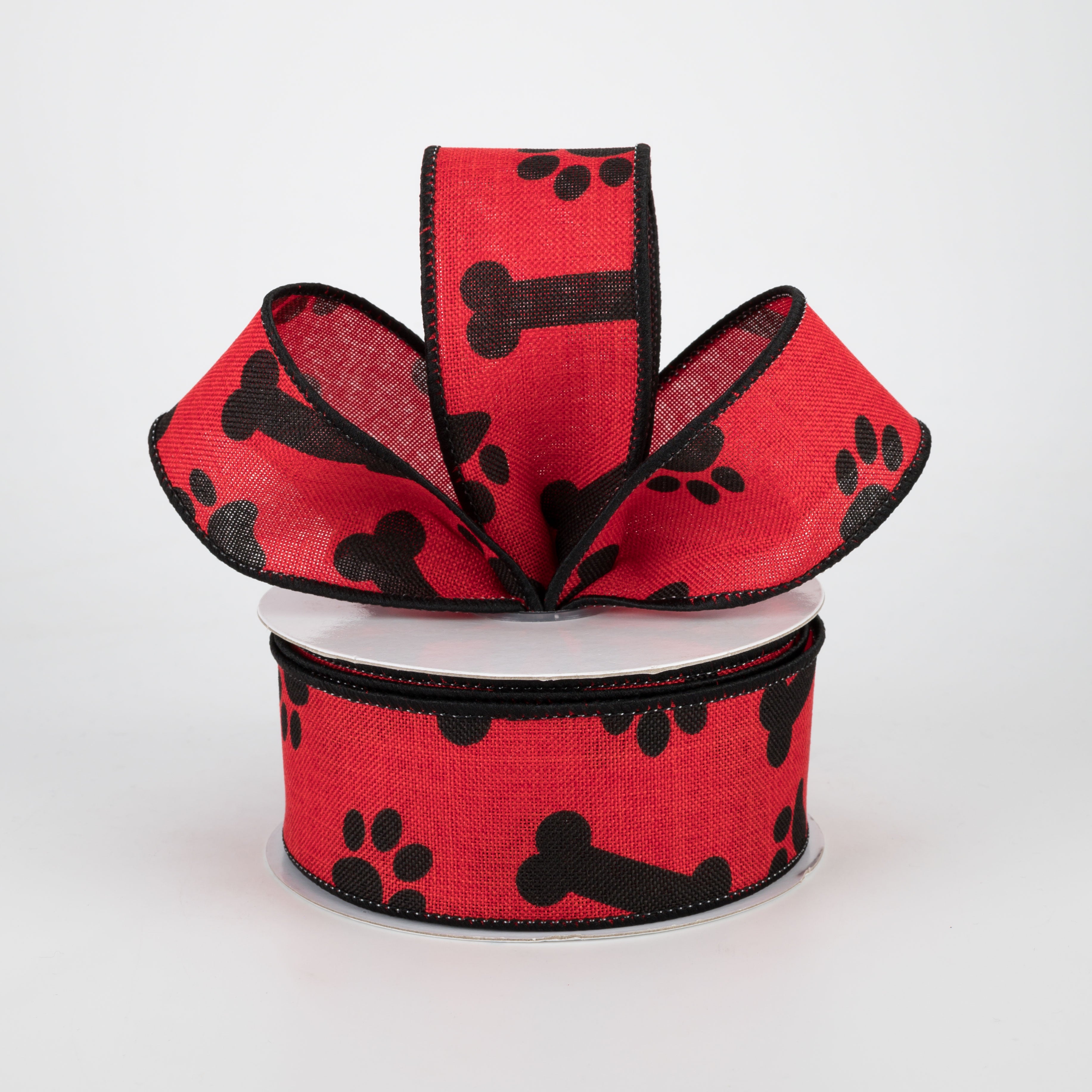 1.5" Paw Print & Bones Ribbon: Red & Black (10 Yards)