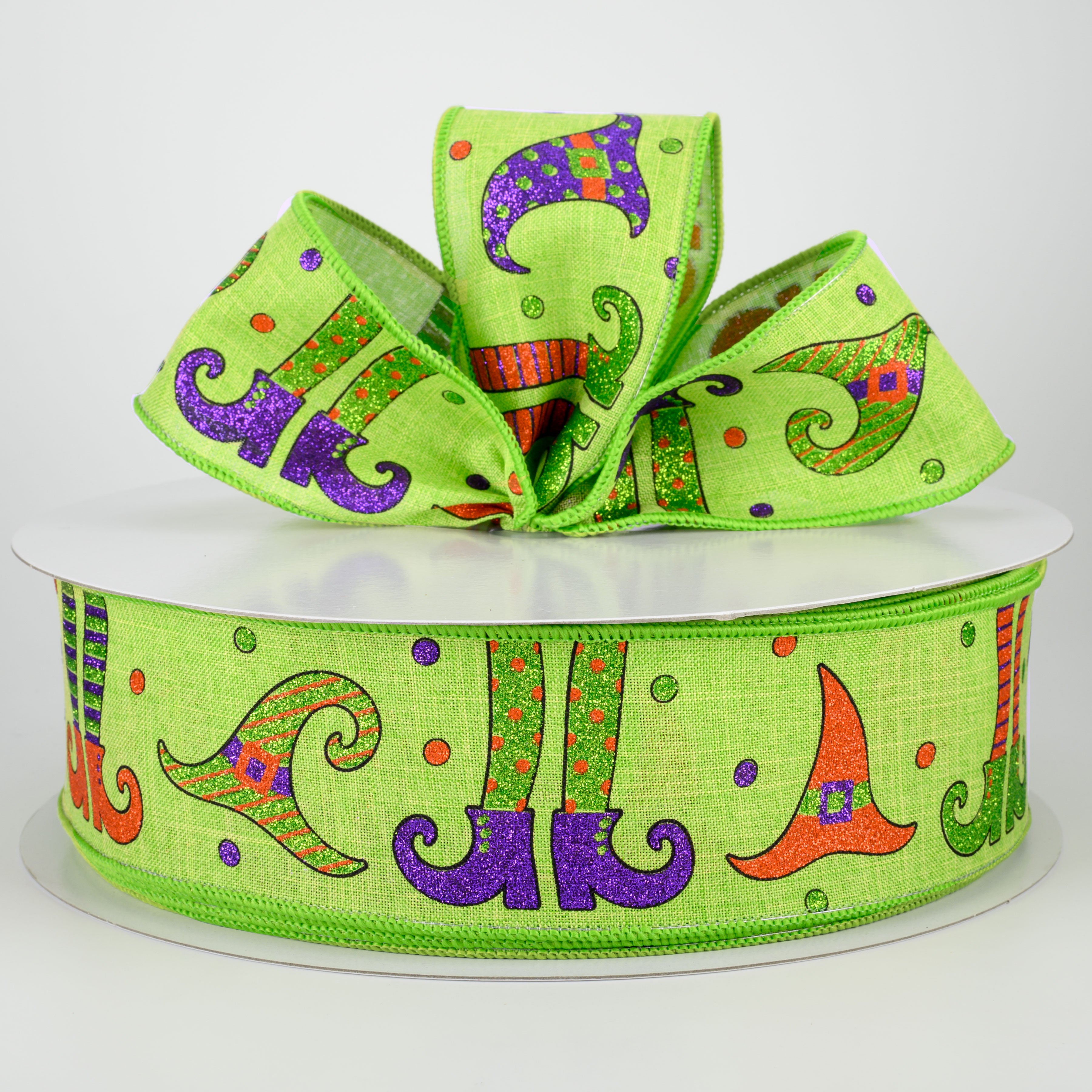 2.5" Glittered Witch Hats & Legs Ribbon: Lime (50 Yards)