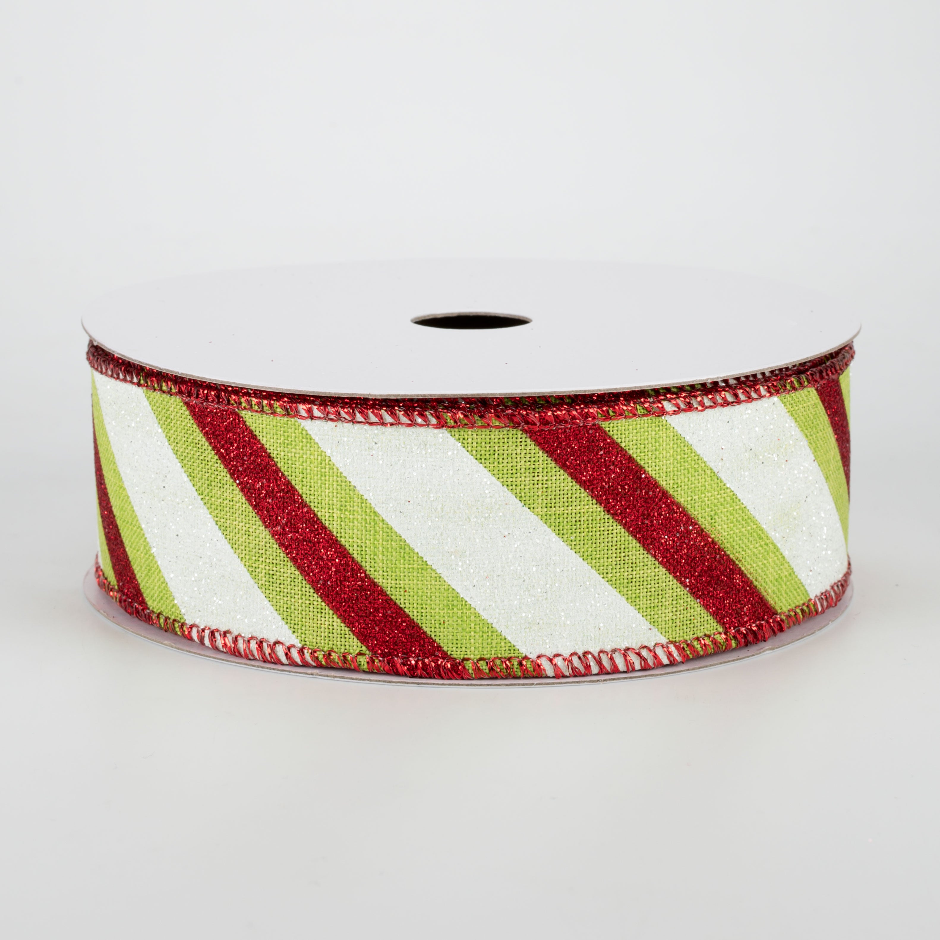 1.5" Diagonal Glitter Stripe Ribbon: Red & Lime (10 Yards)